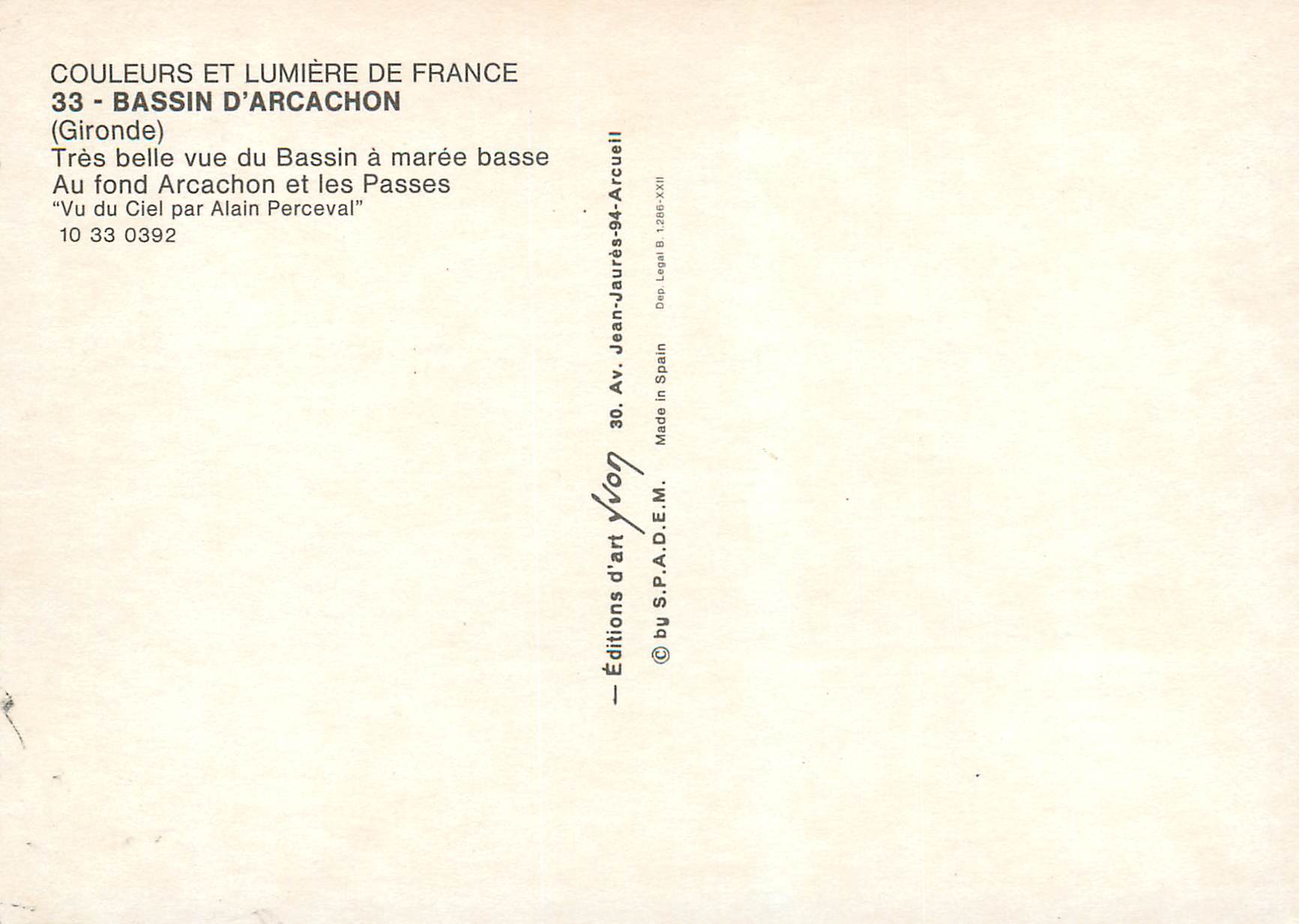 Bassin d'Arcachon — vue aérienne à marée basse — Éditions Lumière de France, n° 33 — Verso