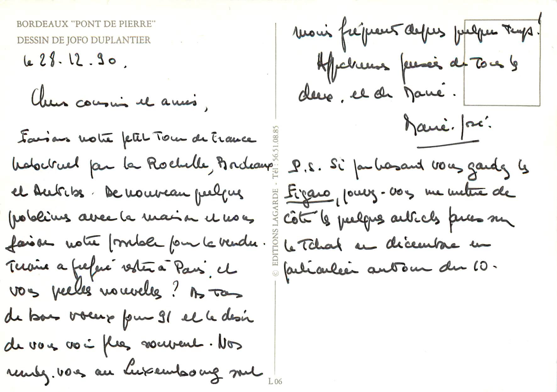 CPM Bordeaux Pont de Pierre Dessin de Jofo Duplantier — Verso