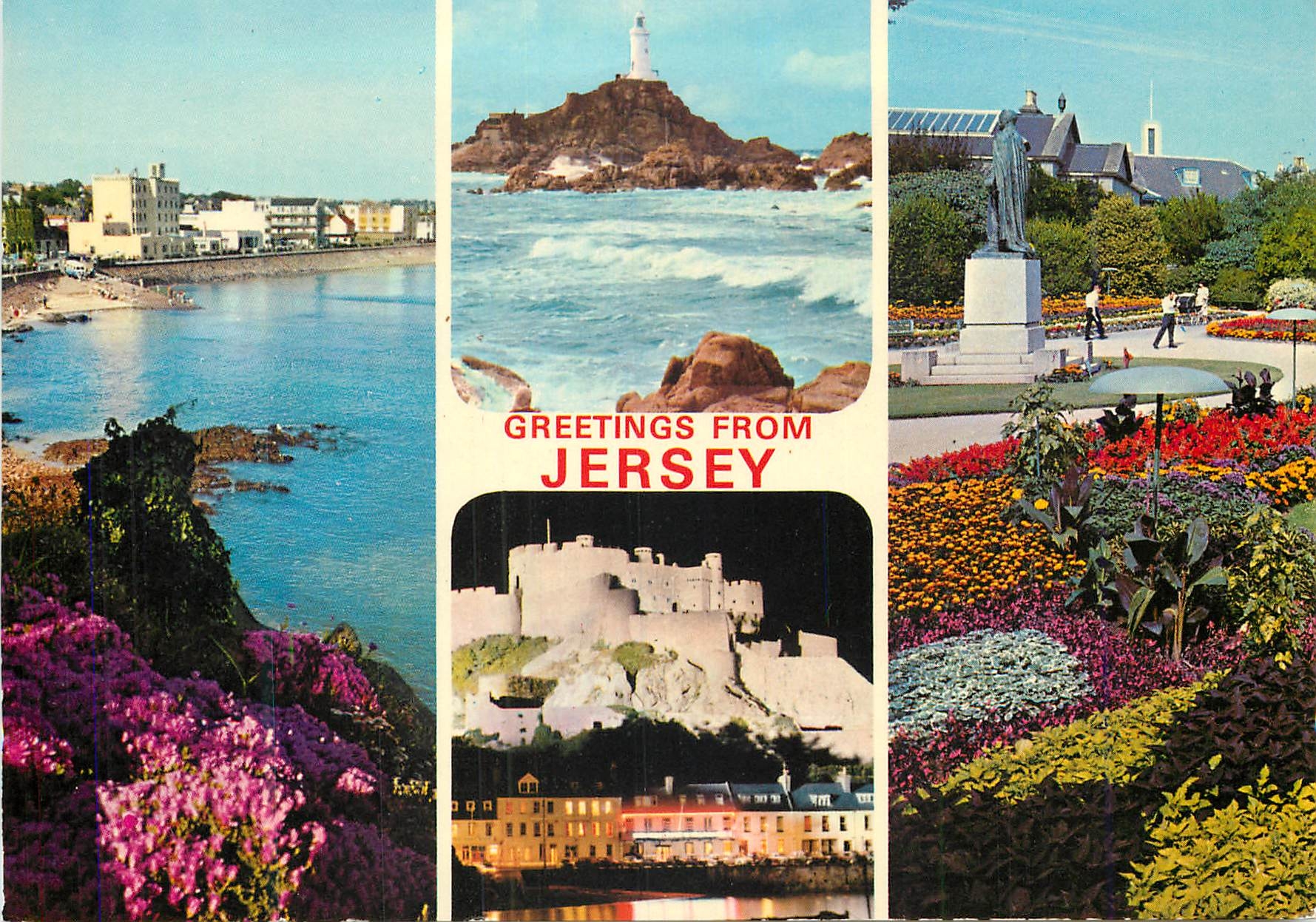 CPM Greetings From Jersey Corbiere Lighthouse Harve Des Pas Howard Davis Park Mont Orguiel Castle