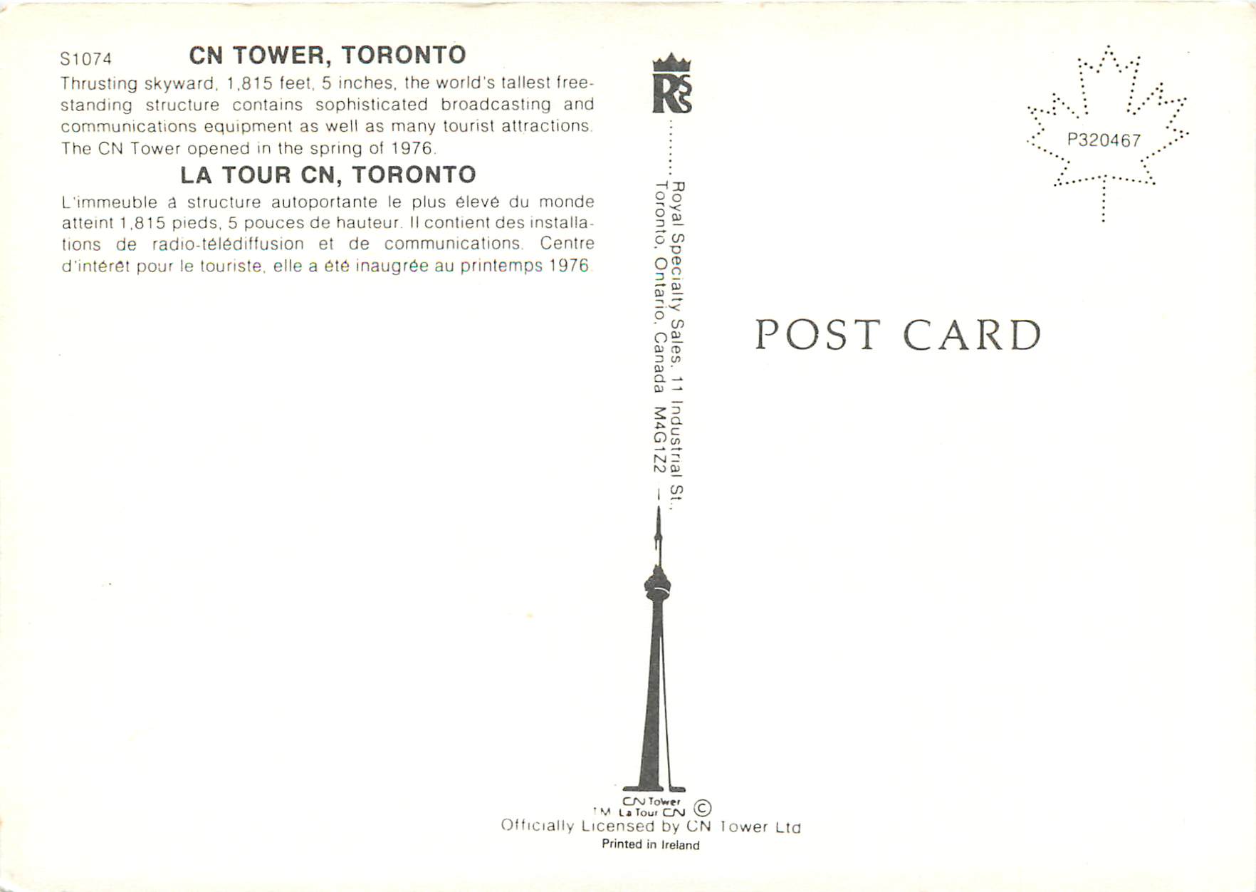 CPM La Tour CN Toronto L'Immeuble a Structure Autoportante le Plus Eleve du Monde Atteint 1815 Pieds — Back