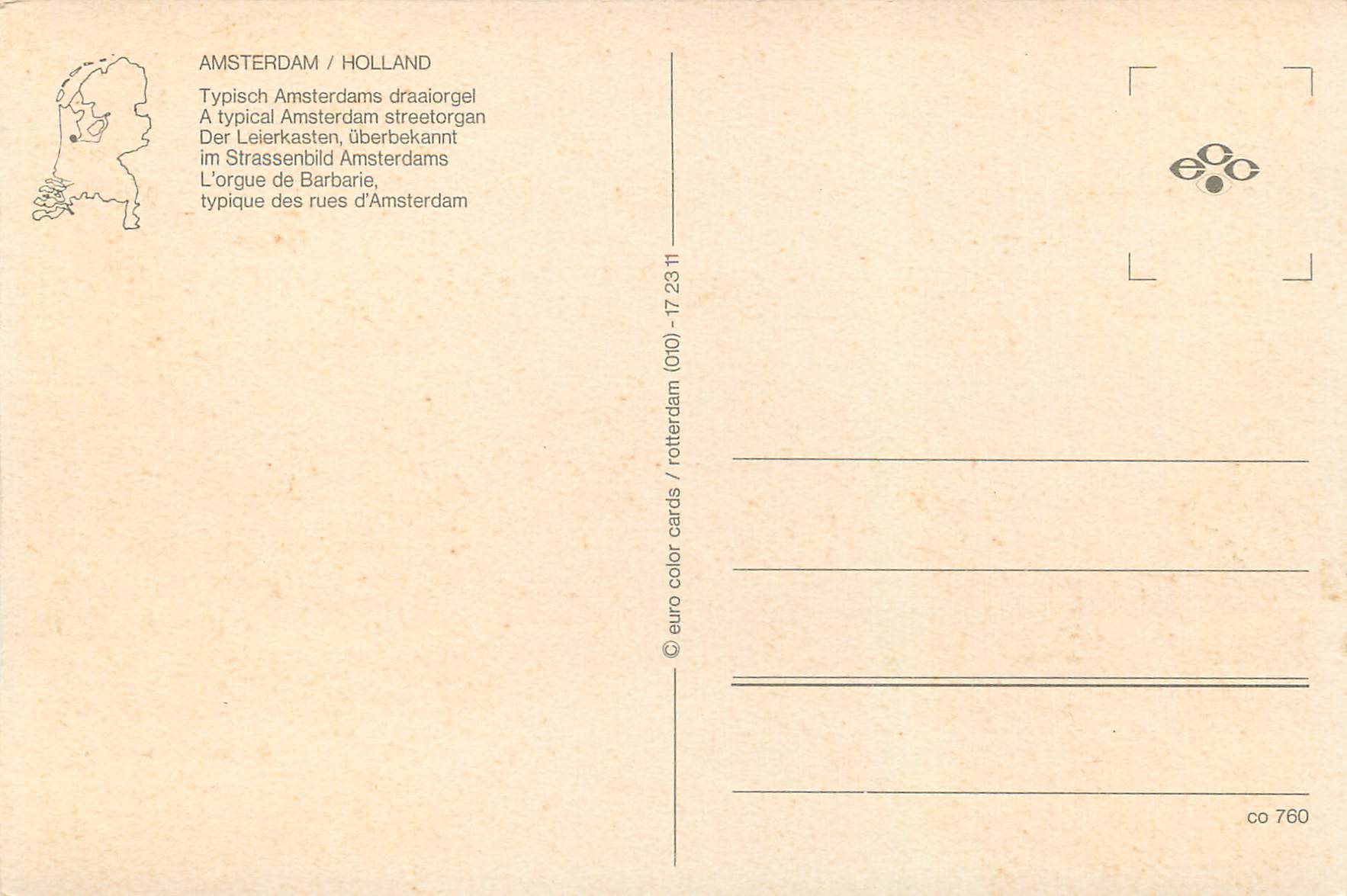 Amsterdam / Hollande — Orgue de rue typique — euro color cards / rotterdam (010) — Reverso