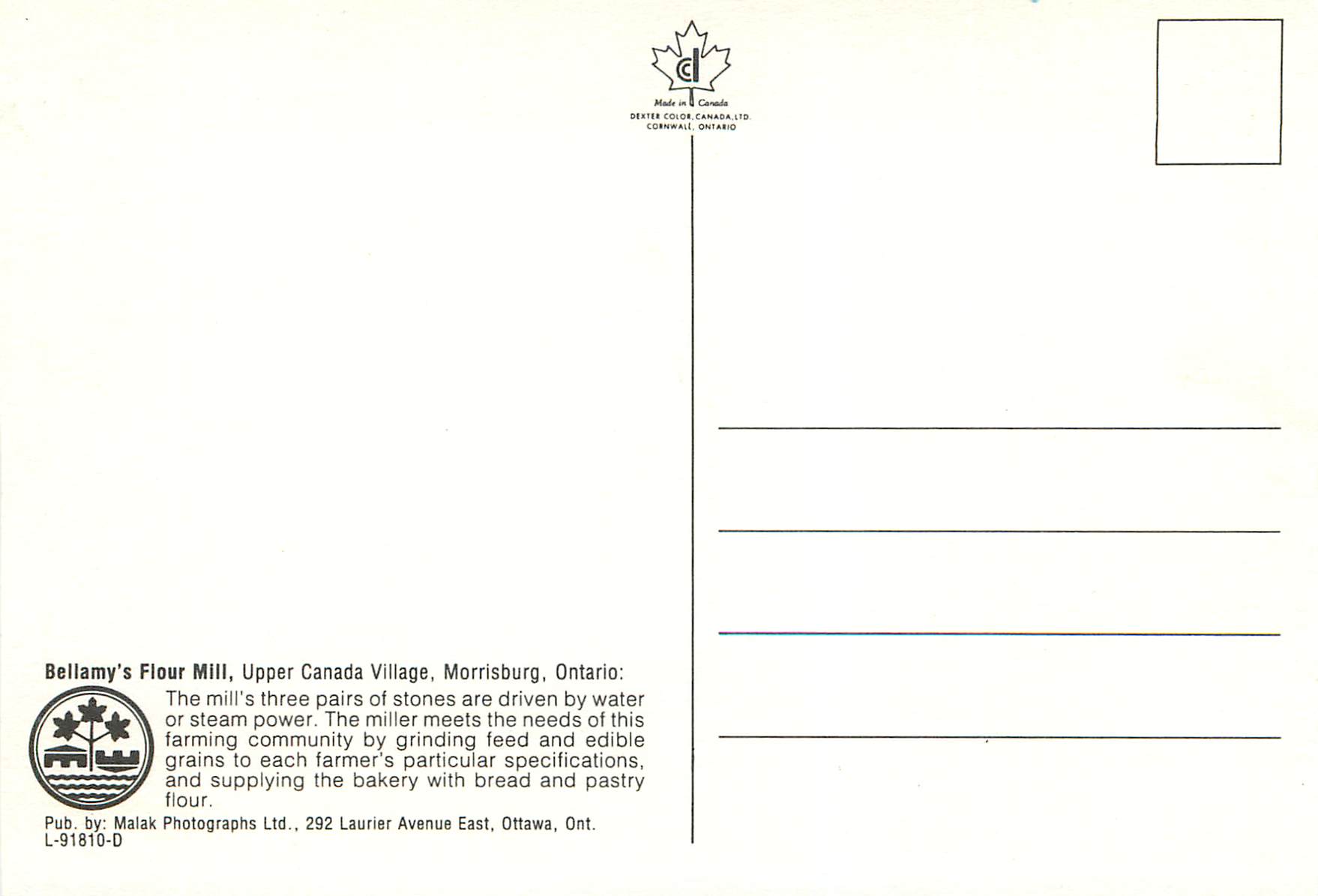 CPM Upper Canada Village Morrisburg Ontario Canada — Back