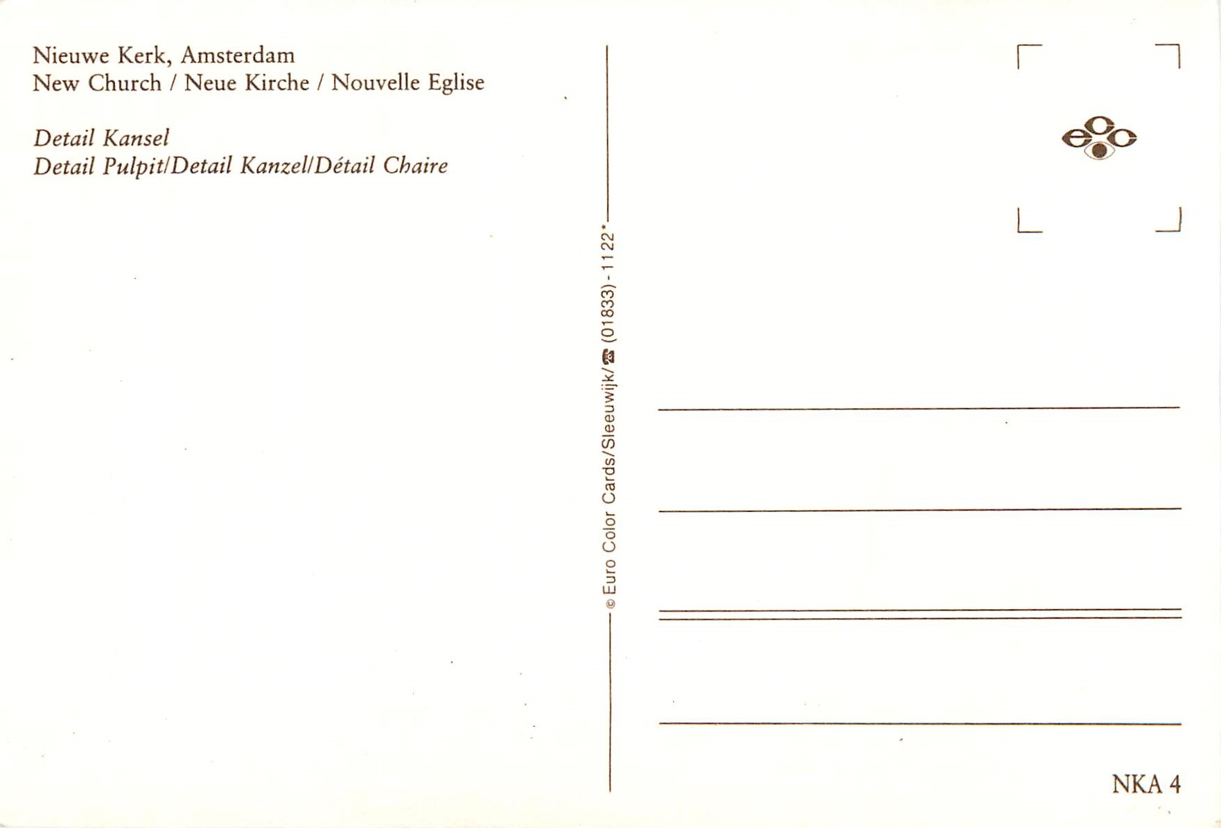 Nieuwe Kerk, Amsterdam — Détail du chaire — Euro Color Cards / Sleeuwijk — Verso