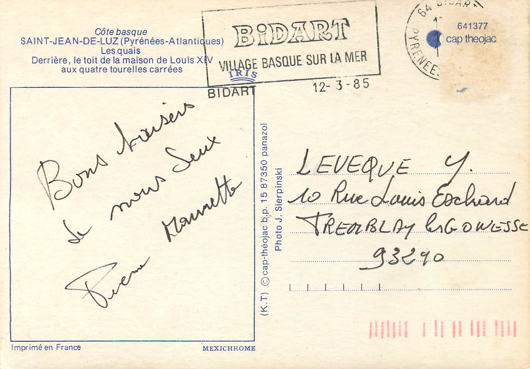 CPM Cote Basque Saint Jean de Luz (Pyrenees Atlantiques) Les Quais — Verso