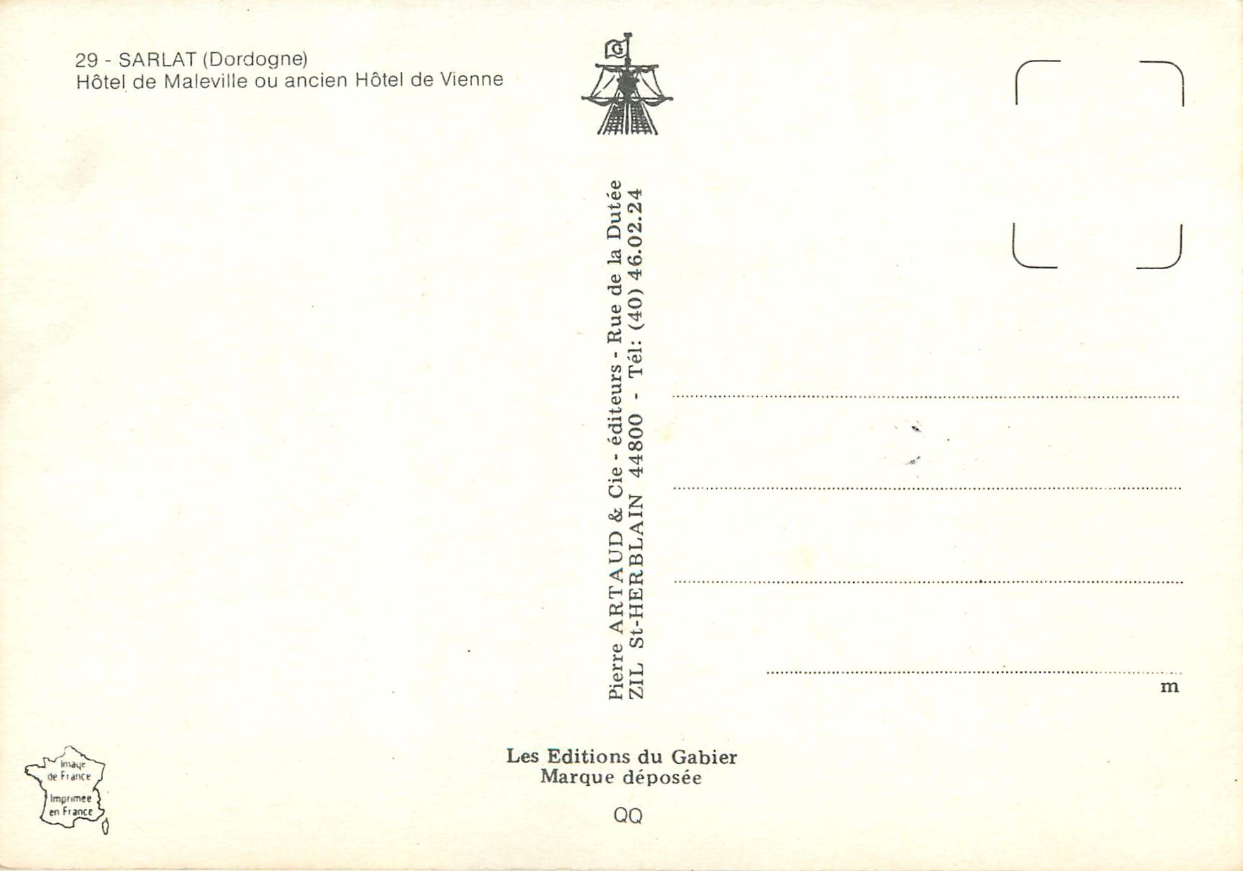 Sarlat (Dordogne) — Hôtel de Maleville ou ancien Hôtel de Vienne — Pierre Artaud & Cie, éditeurs — Verso