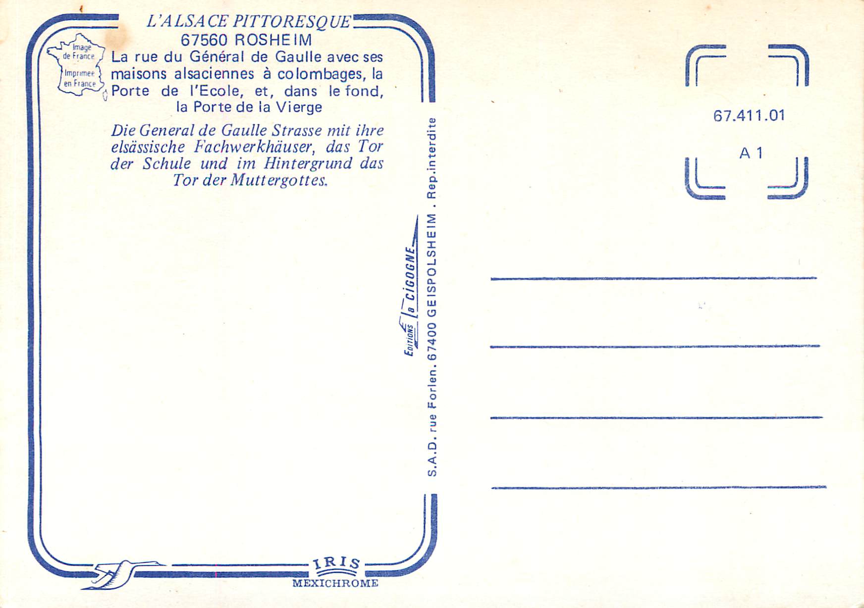 CPM L'Alsace Pittoresque Rosheim La Rue du General de Gaulle avec ses Maisons Alsaciennes a Colombages Boulangerie Patis — Rückseite