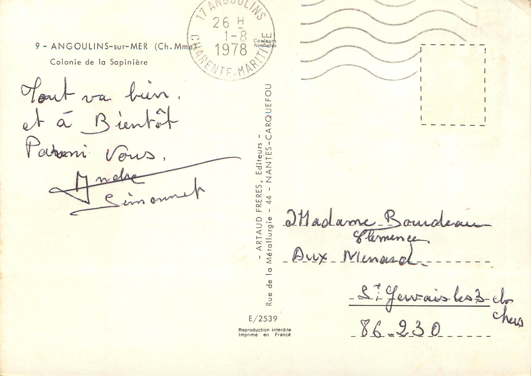 CPM Angoulins sur Mer (Ch Mme) Colonie de la Sapiniere — Back