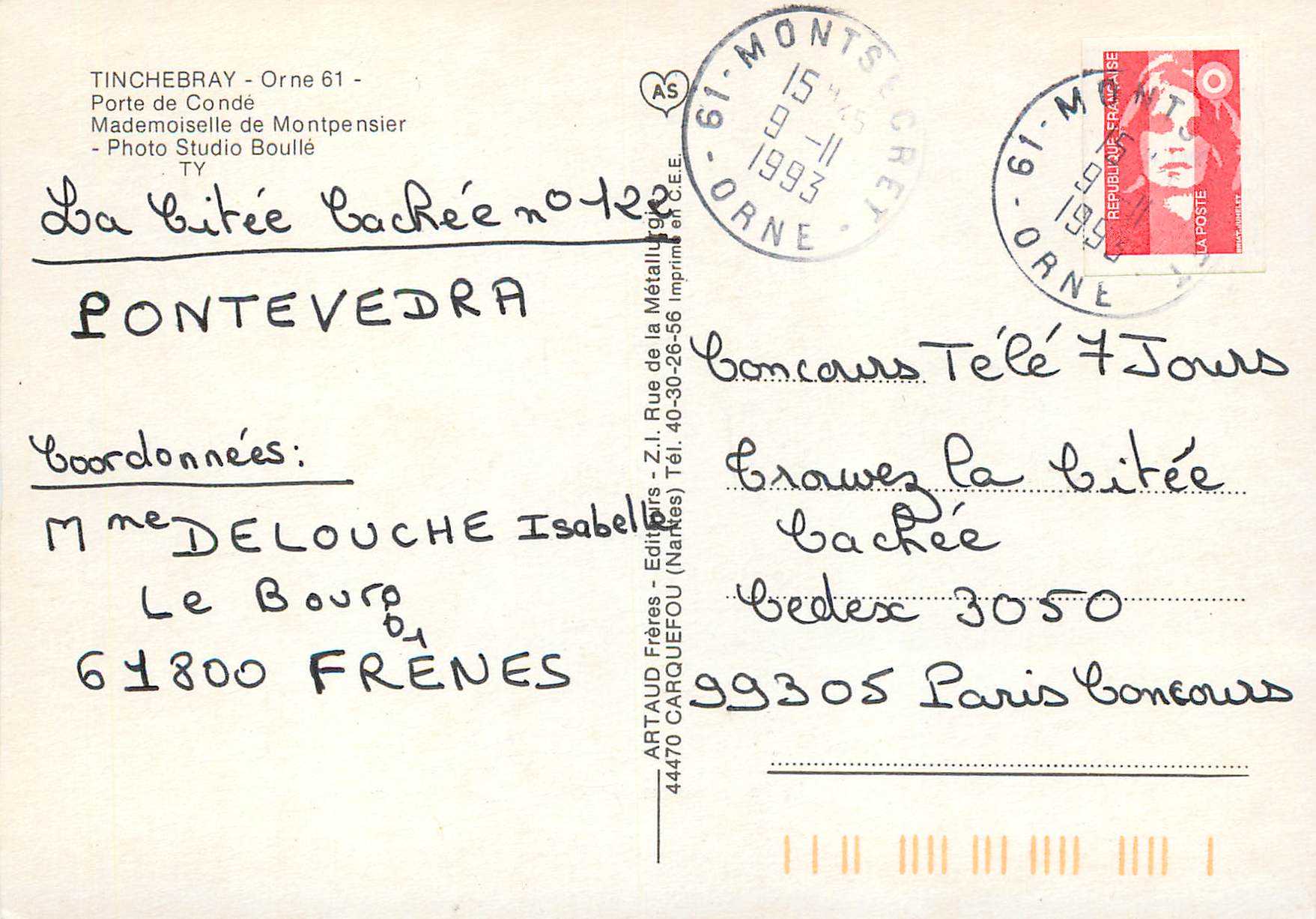 CPM Tinchebray orne 61 Porte de Conde Mademoiselle de Montpensier — Rückseite