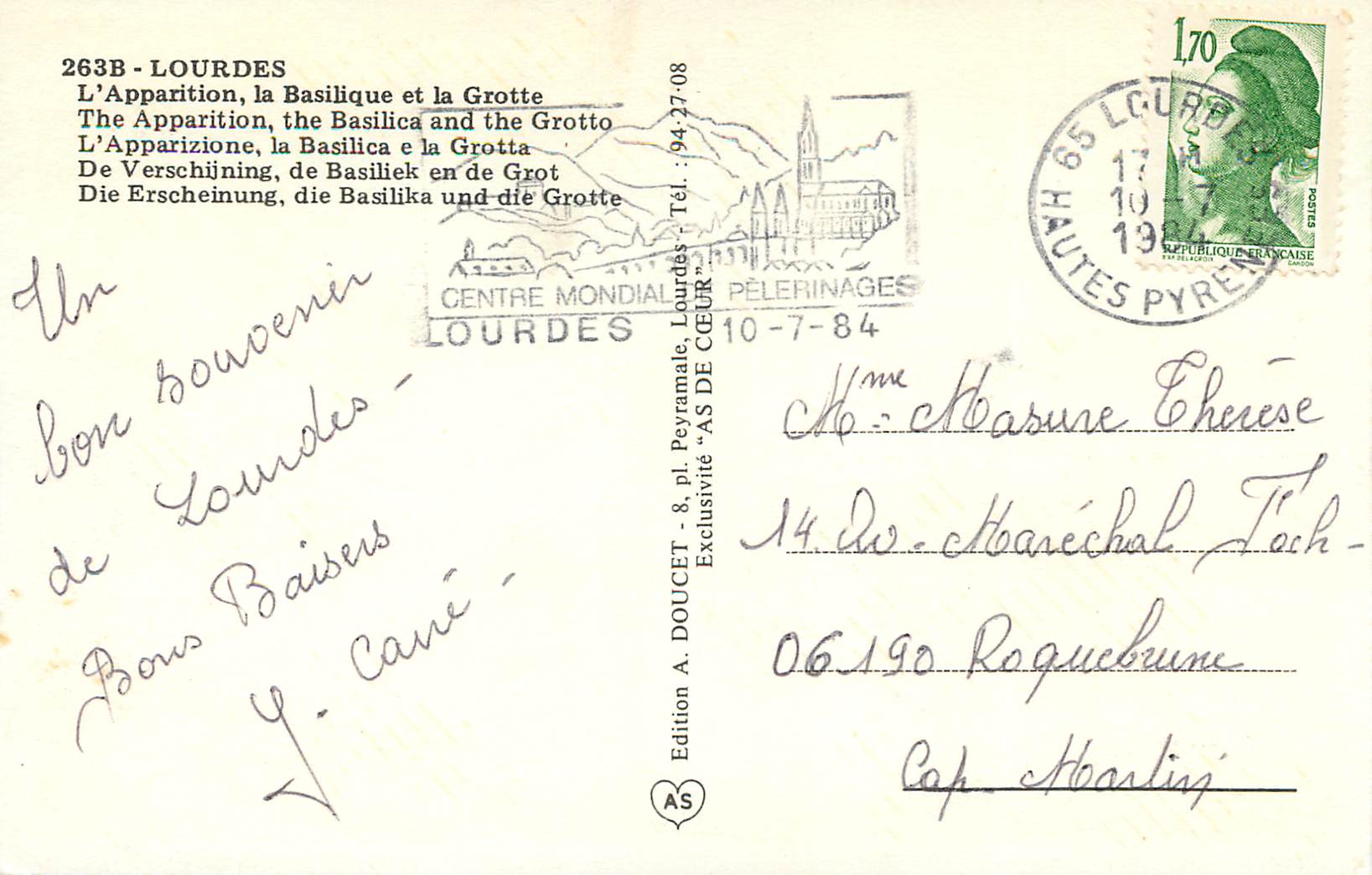 CPM Souvenir de Lourdes Lourdes L'Apparitions La Basilique et la Grotte — Verso
