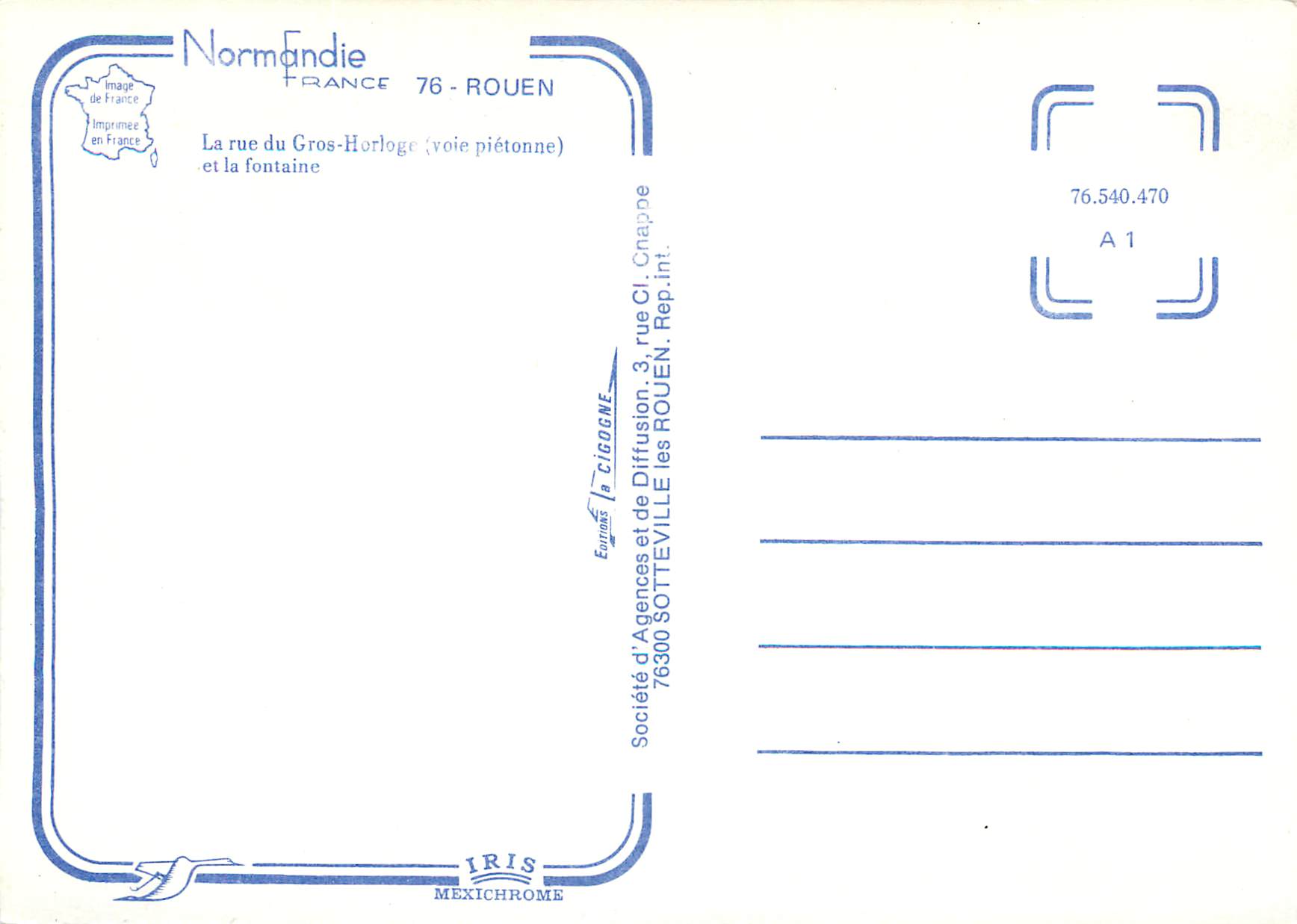 CPM Normandie France 76 Rouen La Rue du Gros Horloge (voie Pietonne) et la Fontaine — Rückseite