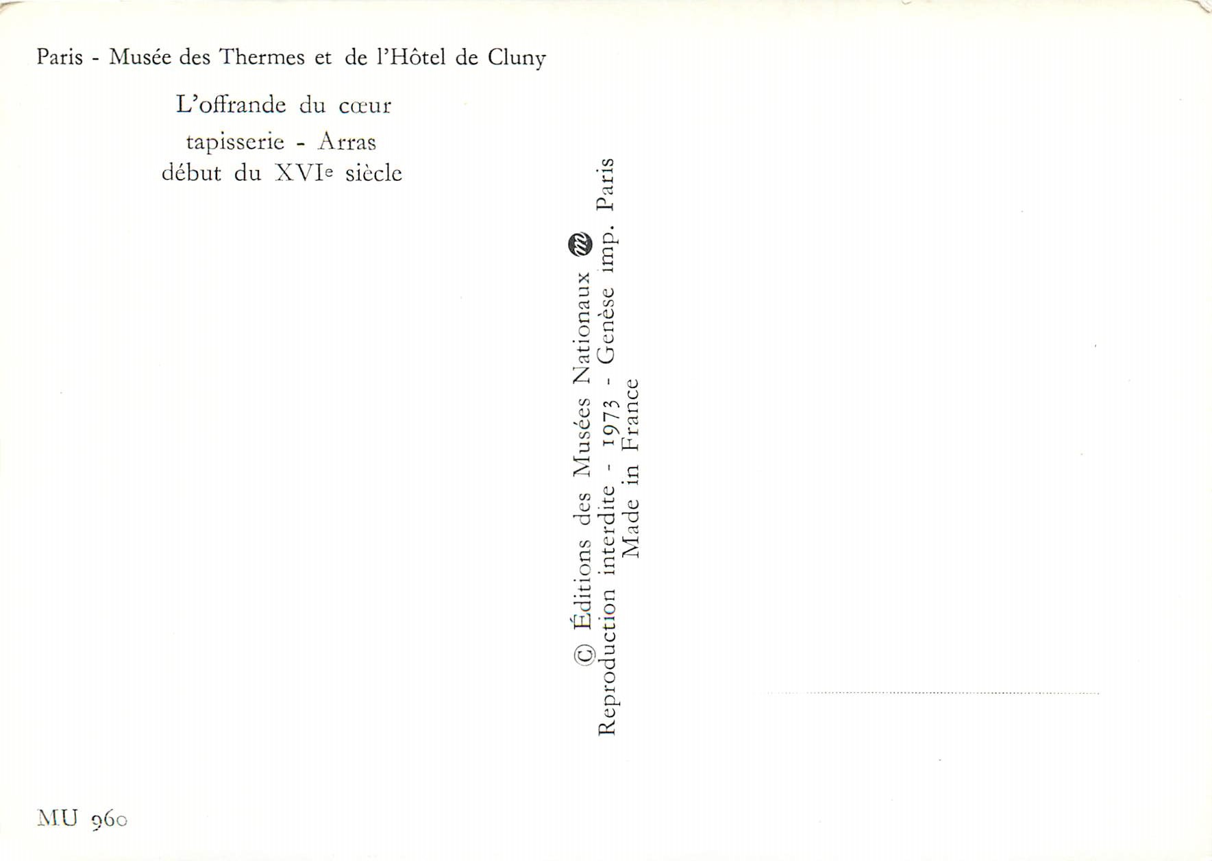CPM Paris Musee des Termes et de L'Hotel de Cluny L'Offrande du Coeur — Rückseite