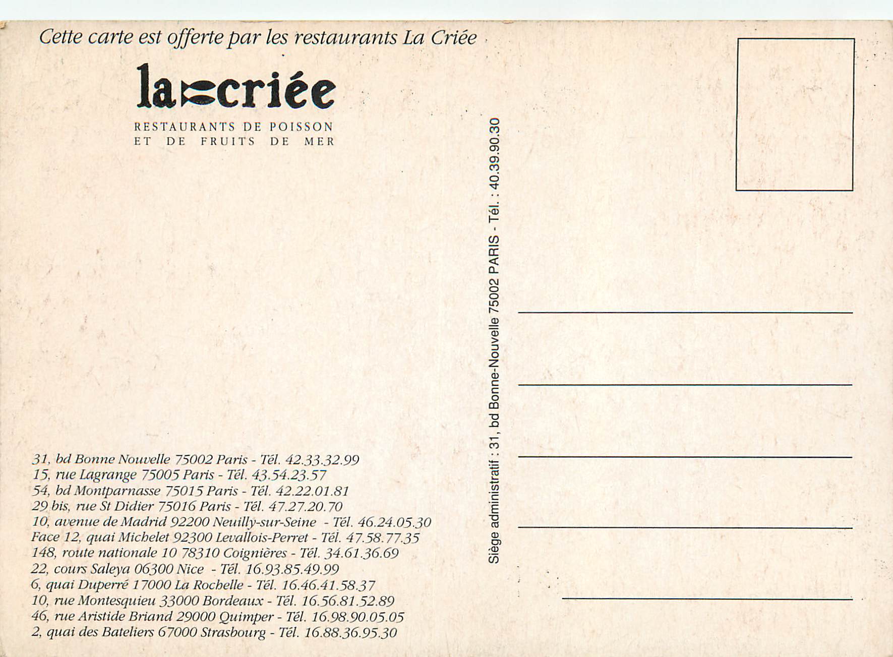 CPM La Criee Restaurant de Poisson et de Fruits De Mer — Rückseite