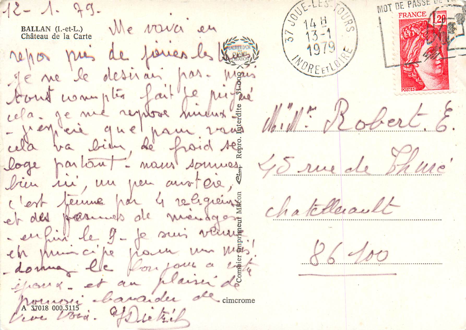 CPM Ballan (I et L) Chateau de la Carte — Rückseite