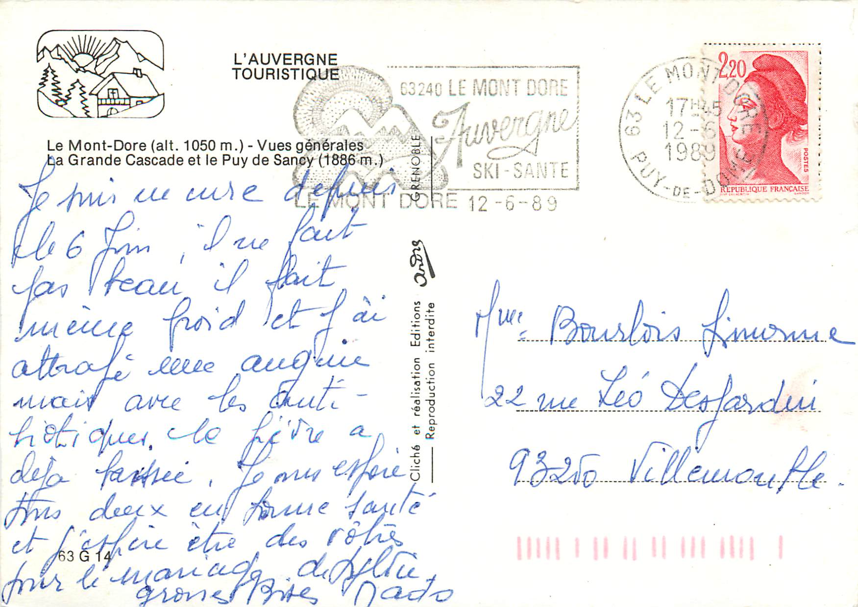 CPM le Mont Dore (alt 1050m) Vues Generales la Grande Cascade et le Puy de Sancy (1886m) — Rückseite
