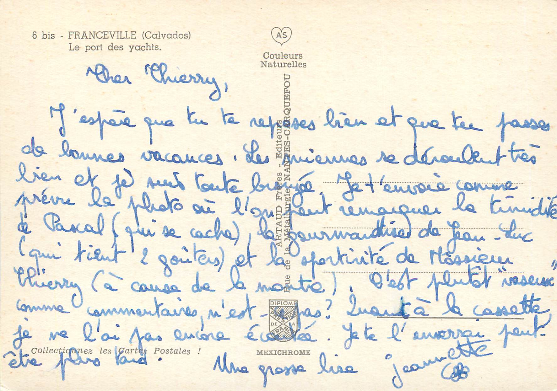 Port des yachts — Franceville (Calvados) — Éditeur A.ERAUD Frères — Verso
