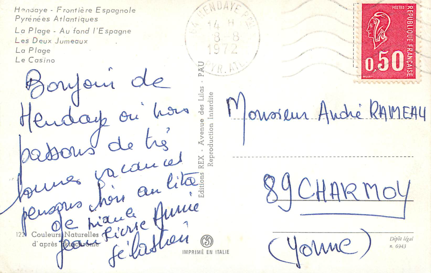 Hendayе — Plage, Deux Jumeaux, Casino — Éditions des Lilas, n°122 — Rückseite