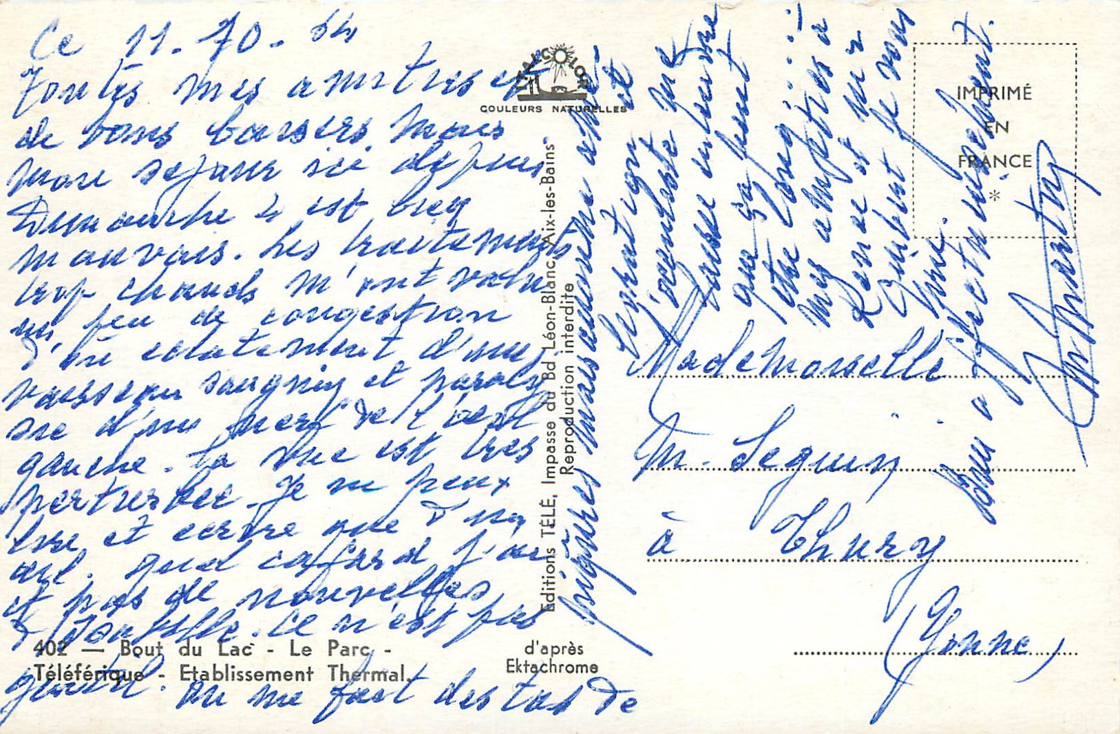 CPM Souvenir d'Aix les Bains Bout du Lac Le Parc Teleferique Etablissement Thermal — Rückseite