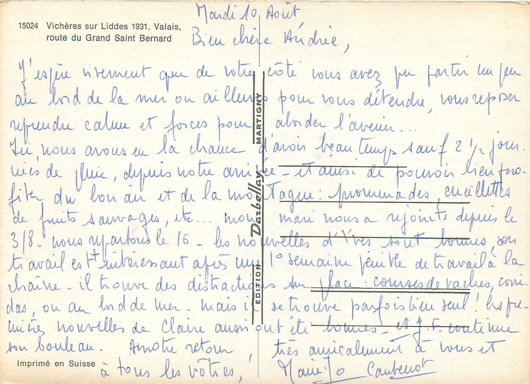 CPM Vicheres sur Liddes 1931 Valais Route du Grand Saint Bernard — Back