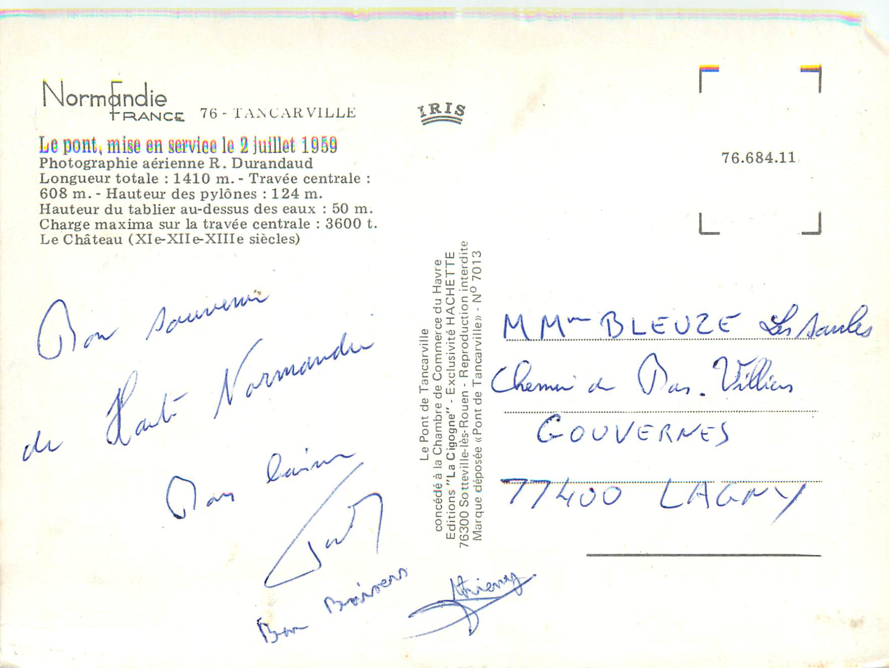 CPM Tancarville Normandie France Le Pont Mise en Service le 2 Juillet 1959 — Rückseite