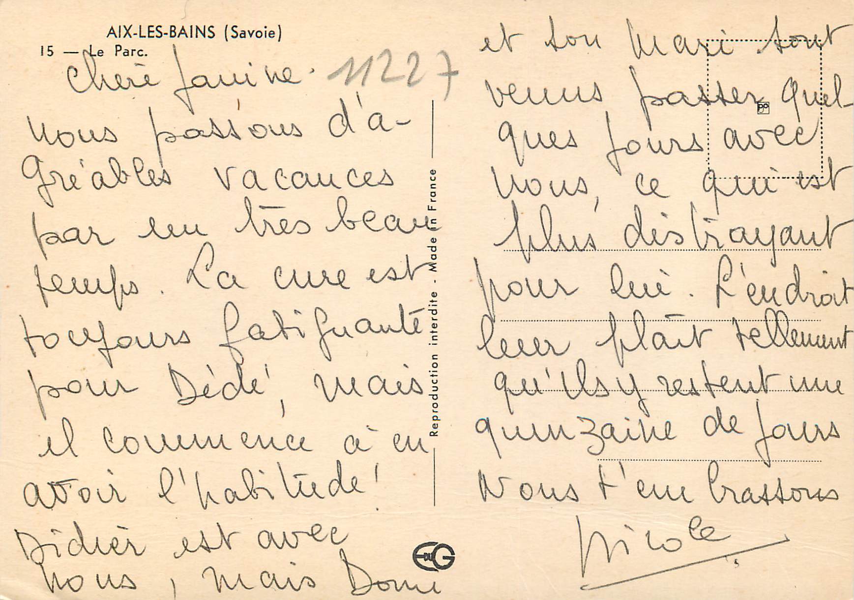 CPM Aix les Bains (Savoie) Le parc — Rückseite