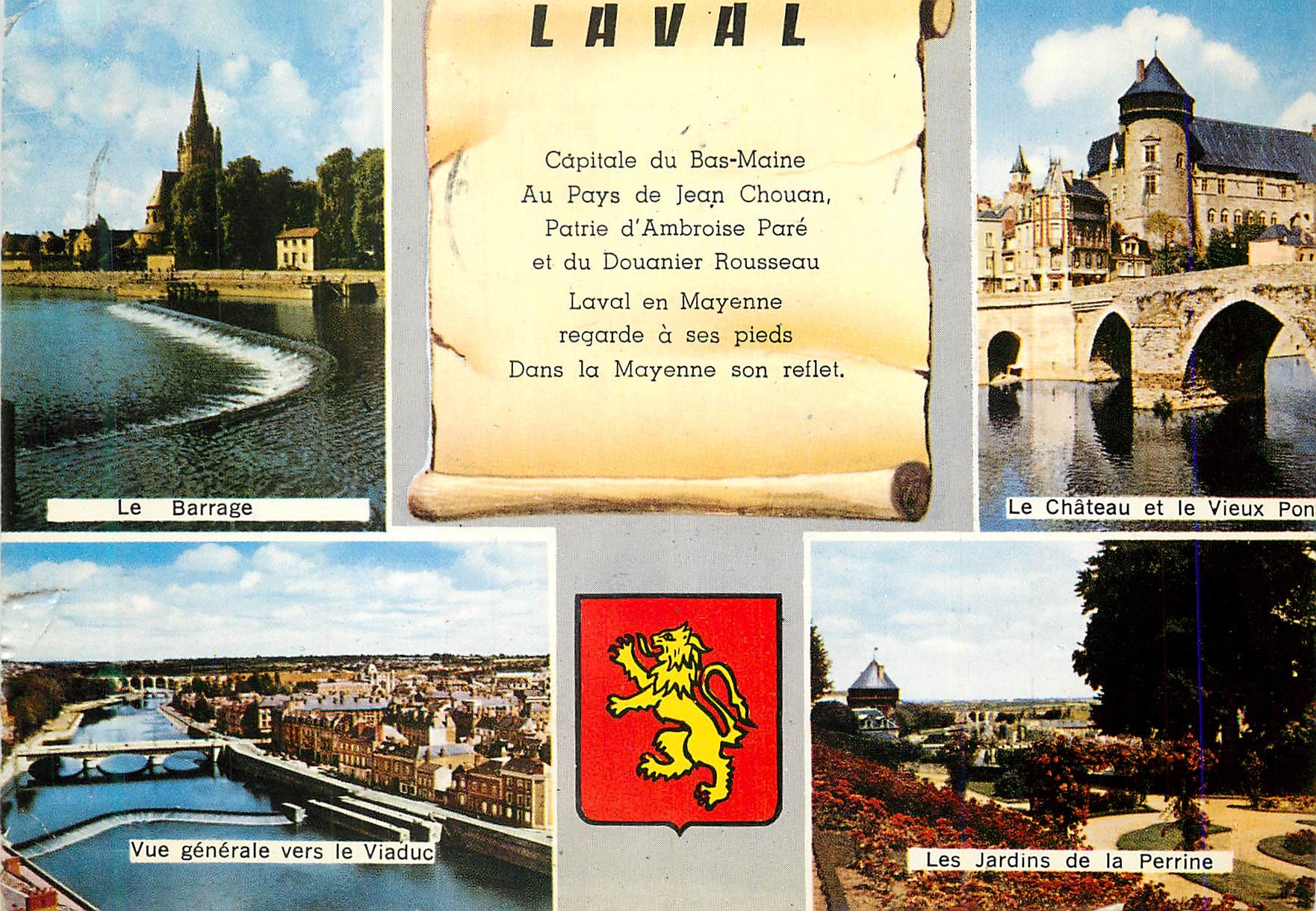 CPM Laval (Mayenne) Le barrage Le château et le vieux pont Vue generale vers le viaduc Les jardins de la Perrine