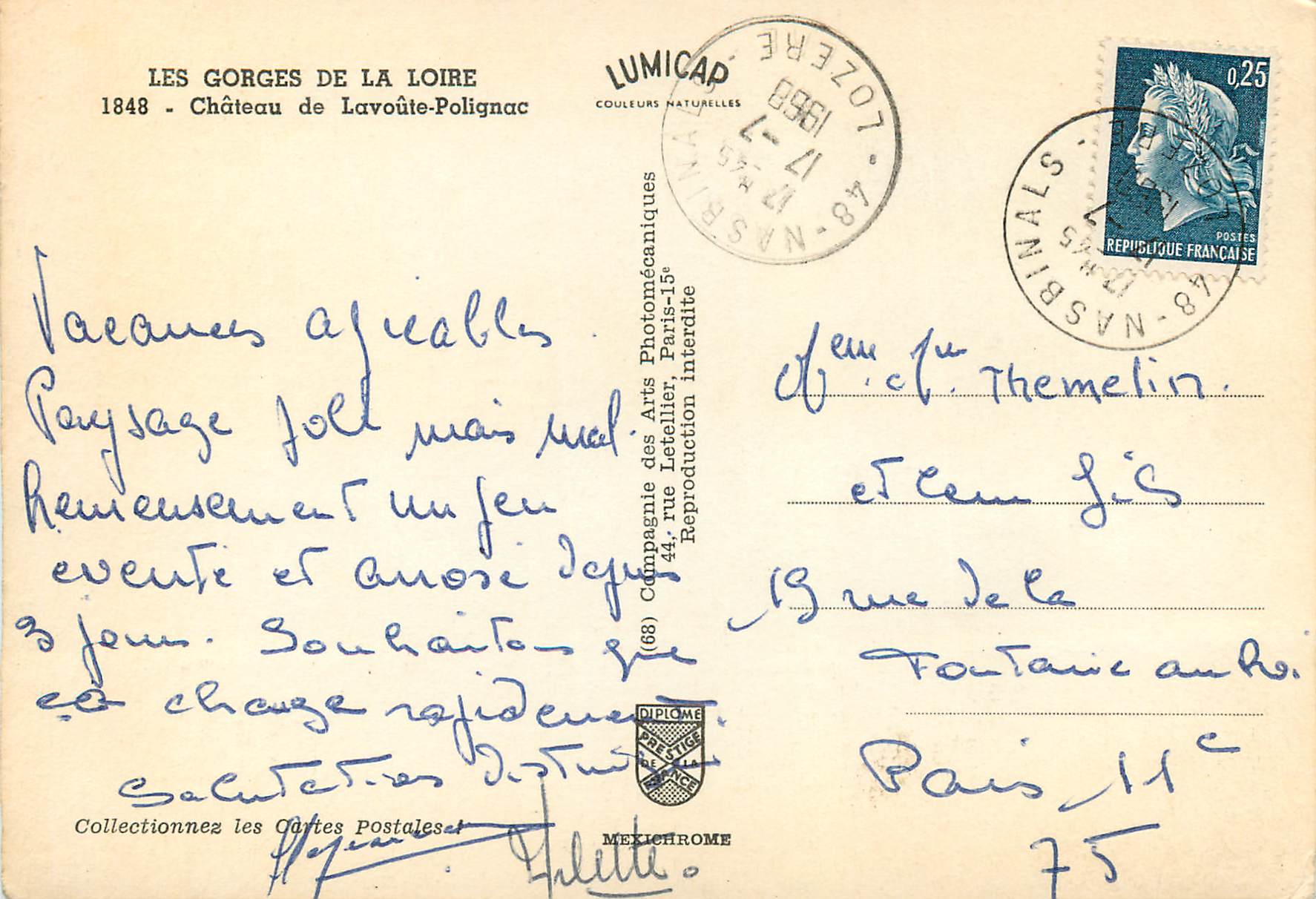CPM les Gorges de la Loire Chateau de Lavoute Polignac — Verso