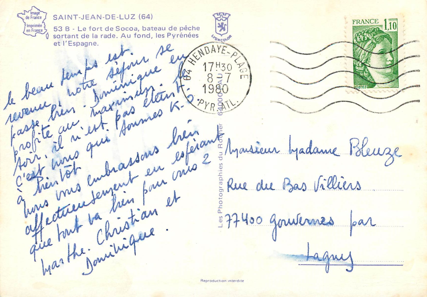 CPM Saint Jean de Luz le Fort de Socoa — Verso