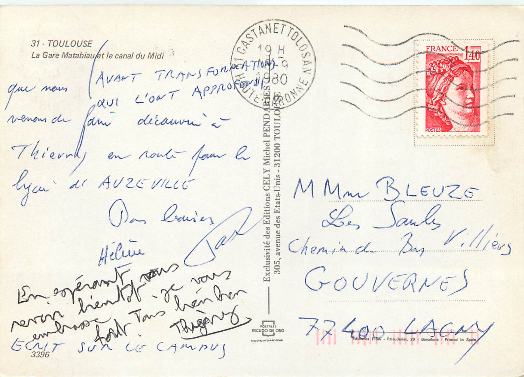La Gare Matabiau et le canal du Midi — Éditions CELY — n°3396 — Back