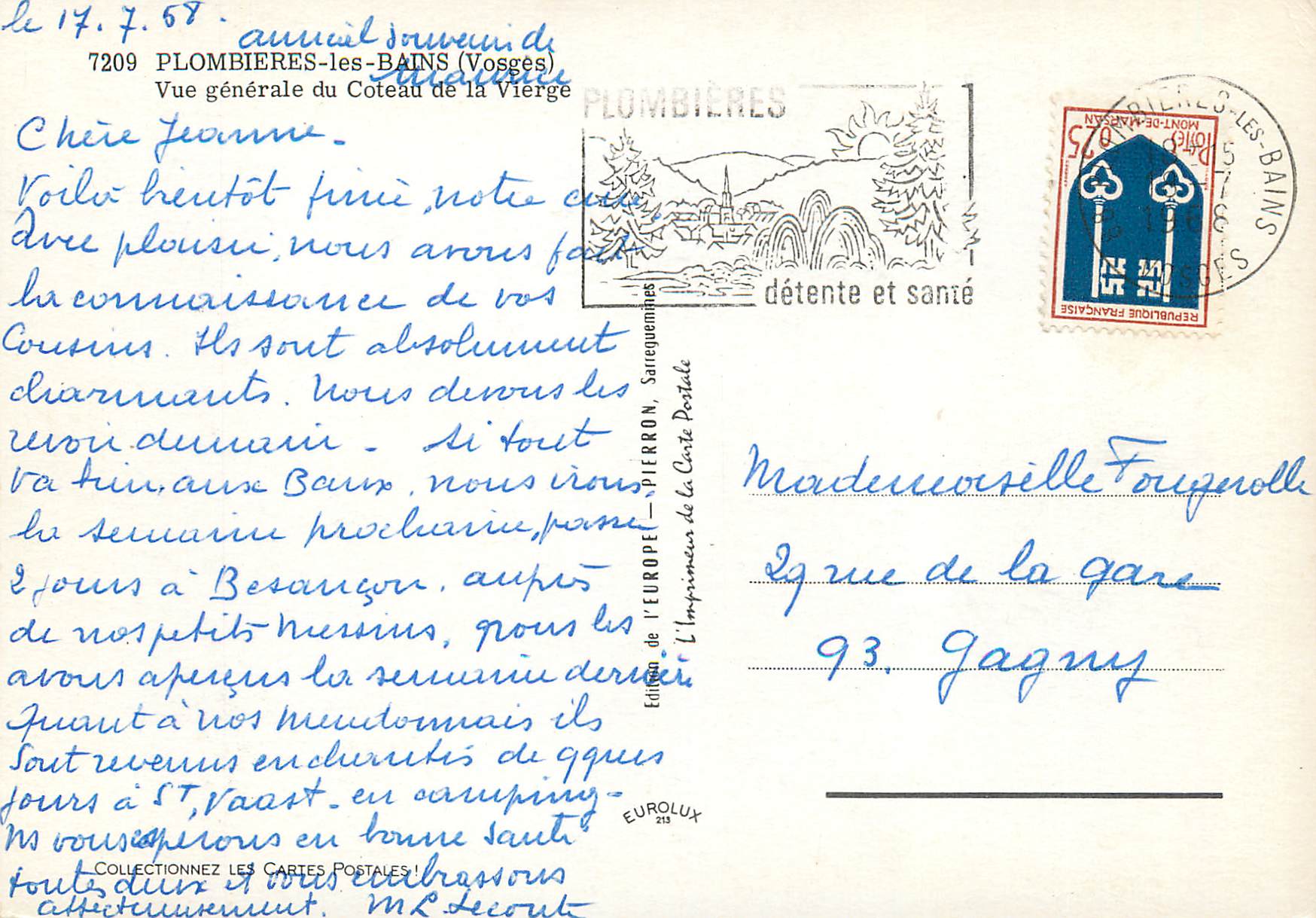 Plombières-les-Bains — Allgemeiner Blick auf den Coteau de la Vierge — Edition de l'Europe — Rückseite