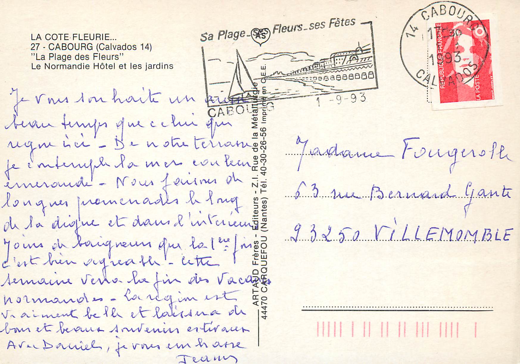 CPM la Cote Fleurie Cabourg (Calvados) la Plage des Fleurs le Normandie Hotel et les Jardins — Rückseite