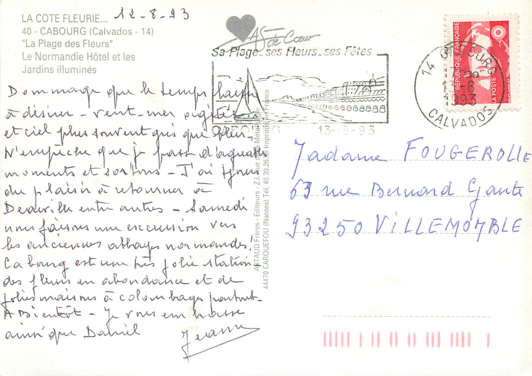 CPM la Cote Fleurie Cabourg (Calvados) la Plage des Fleurs le Normandie Hotel et les Jardins — Rückseite