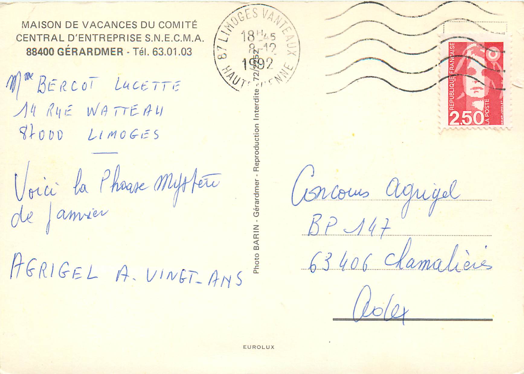 CPM Gerardmer Maison de Vacances du Comite Central d'Entreprise — Rückseite