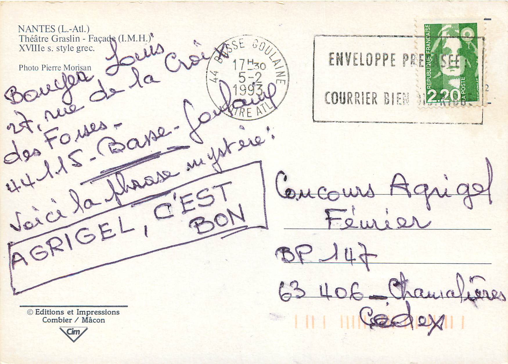 CPM Nantes (L Atl) Theatre Graslin Facade XVIIIe s Style Grec — Verso