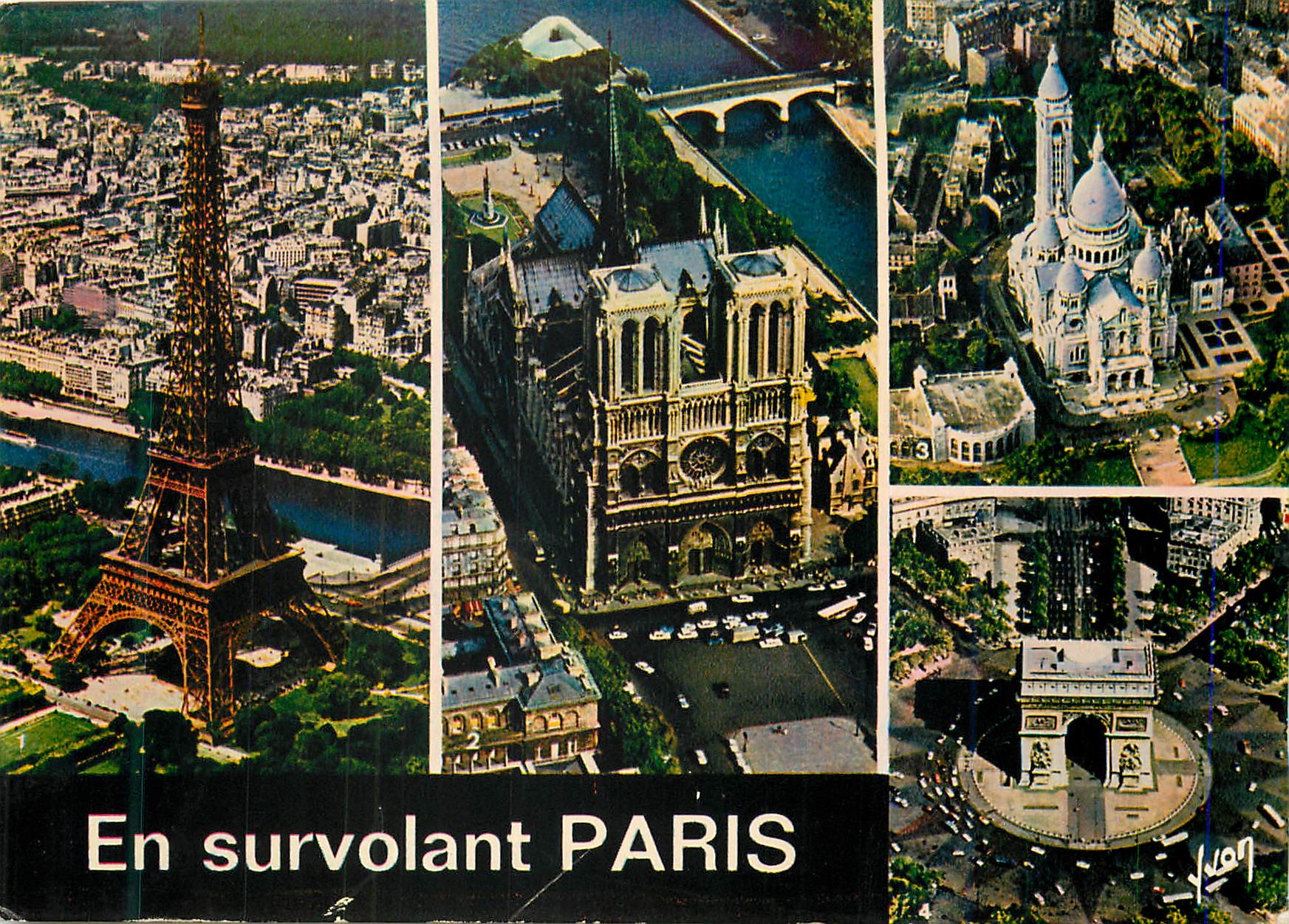CPM En Survolant Paris Tour Eiffel Notre Dame Sacre Cœur Arc de Triomphe