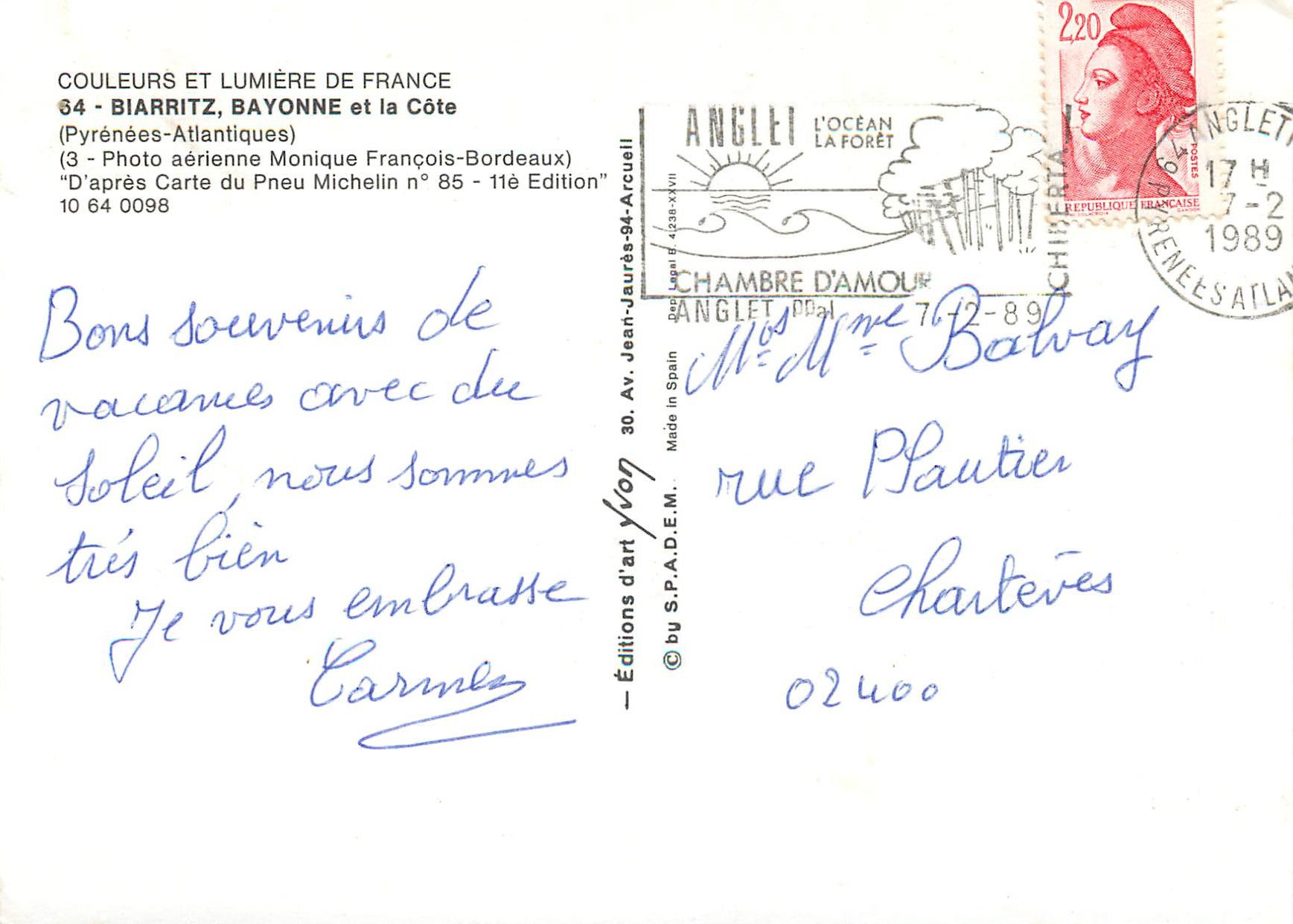 Biarritz, Bayonne et la côte — Carte aérienne Monique François-Bordeaux — Éditions d'art Jean-Jaurès-94-Arcueil — Verso