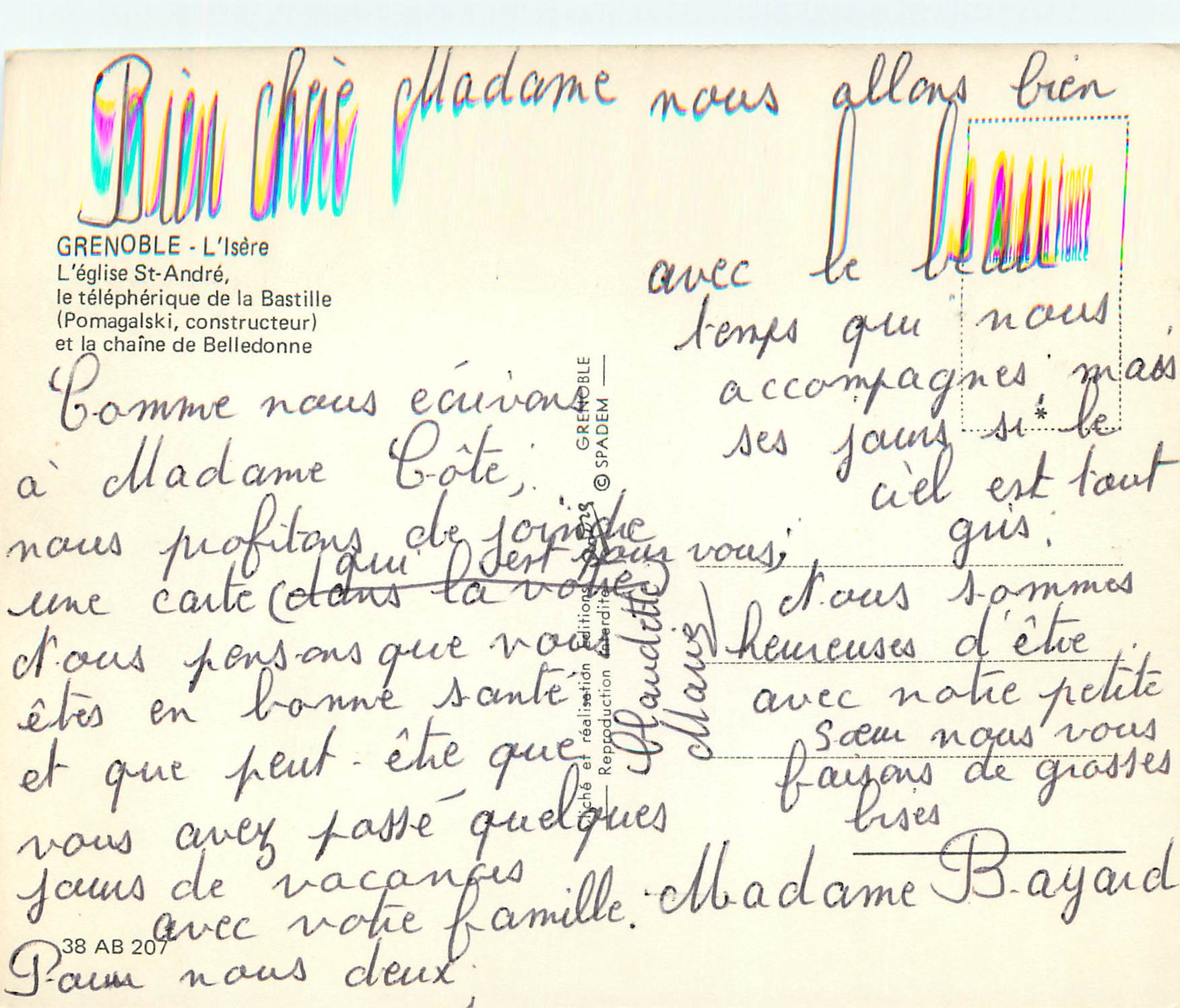 CPM Grenoble l'Isere l'Eglise St Andre le Telepherique de la Bastille et la chaine de Belledonne — Rückseite