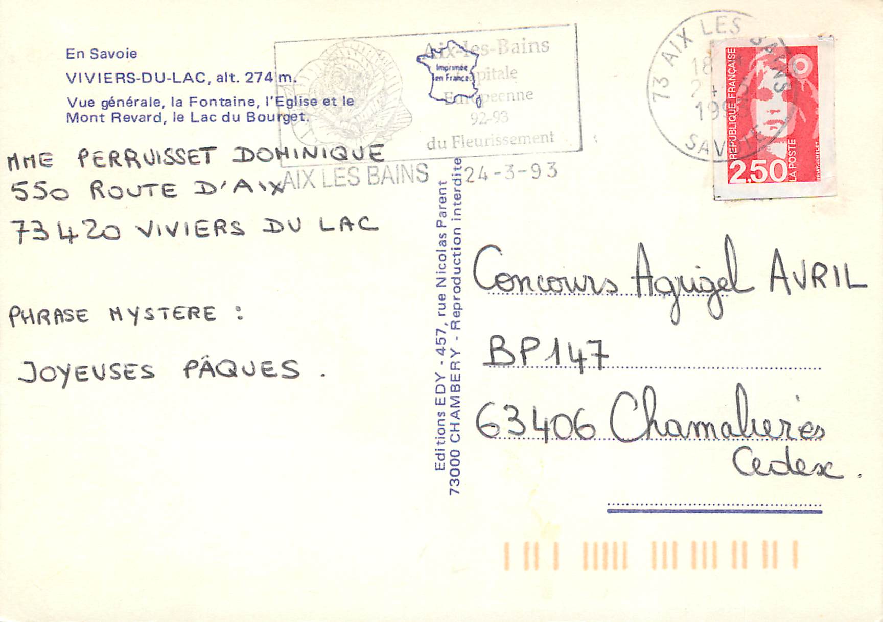 CPM Viviers du Lac en Savoie alt 274m vue Generale la Fontaine l'Eglise et le Mont Revard le Lac du Bourget — Rückseite