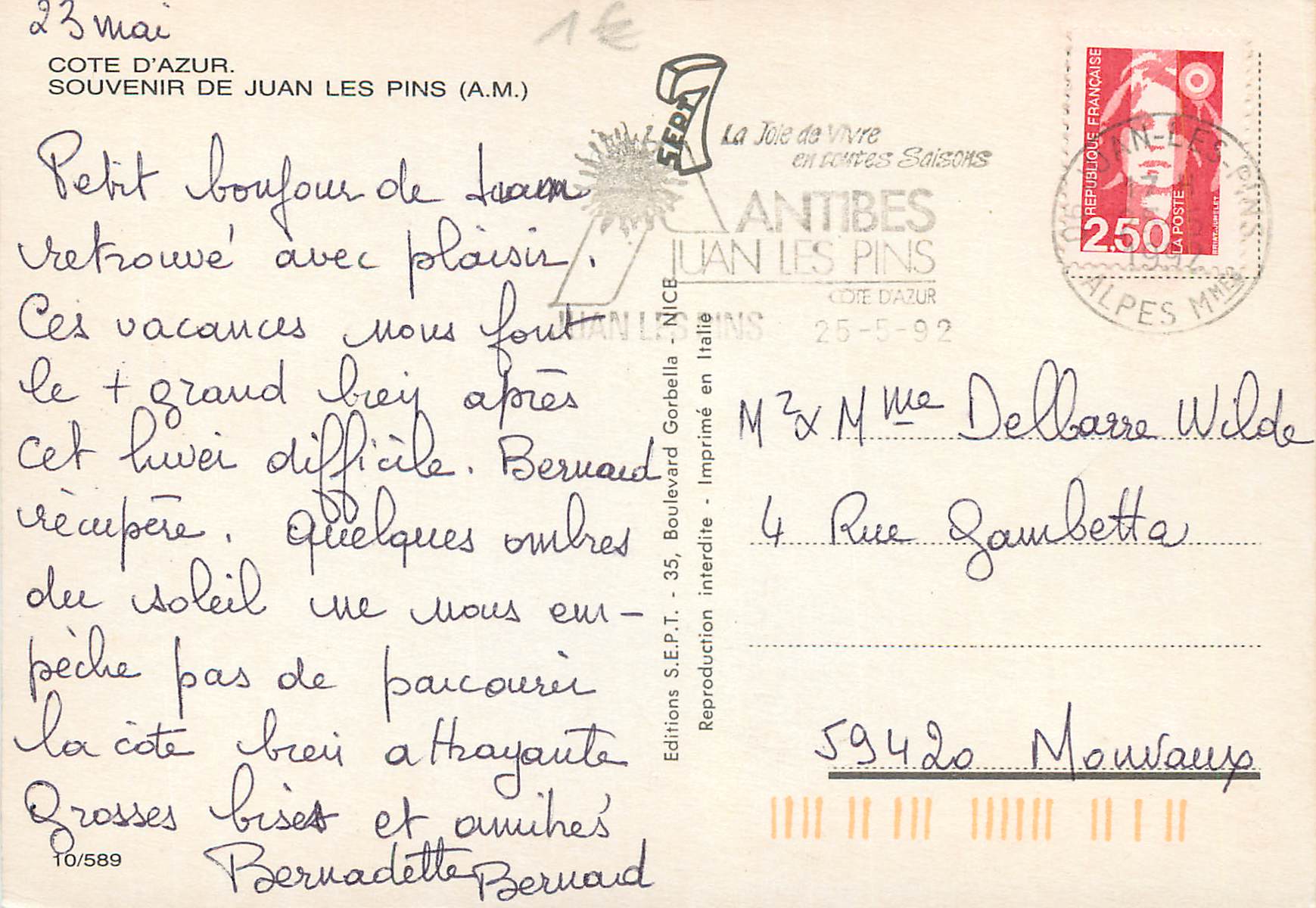 CPM Cote d'Azur Souvenir de Juan les Pins — Rückseite