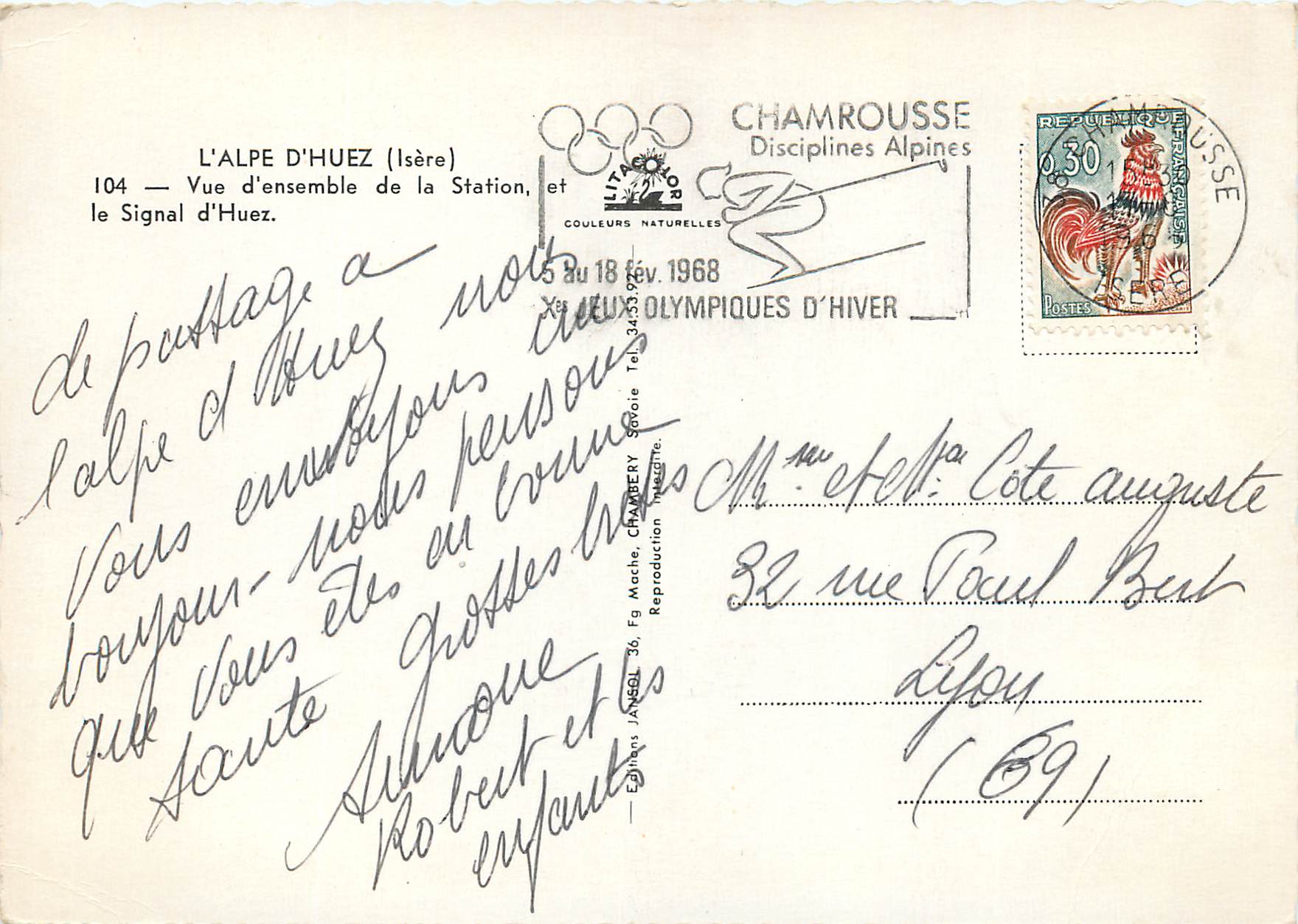 L'Alpe d'Huez (Isère) — Vue d'ensemble de la Station, et le Signal d'Huez — Éditions JANGOL, n°104 — Verso