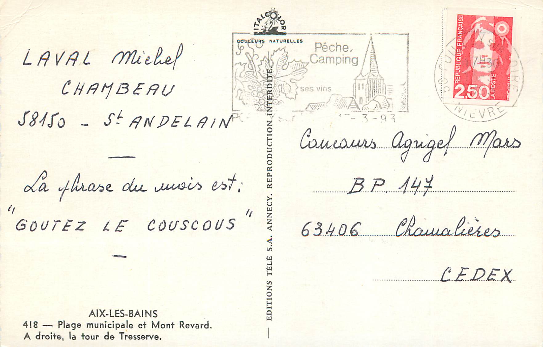 CPM Aix les Bains Plage Municipale et Mont Revard a Droite la Tour de Tresserve — Verso