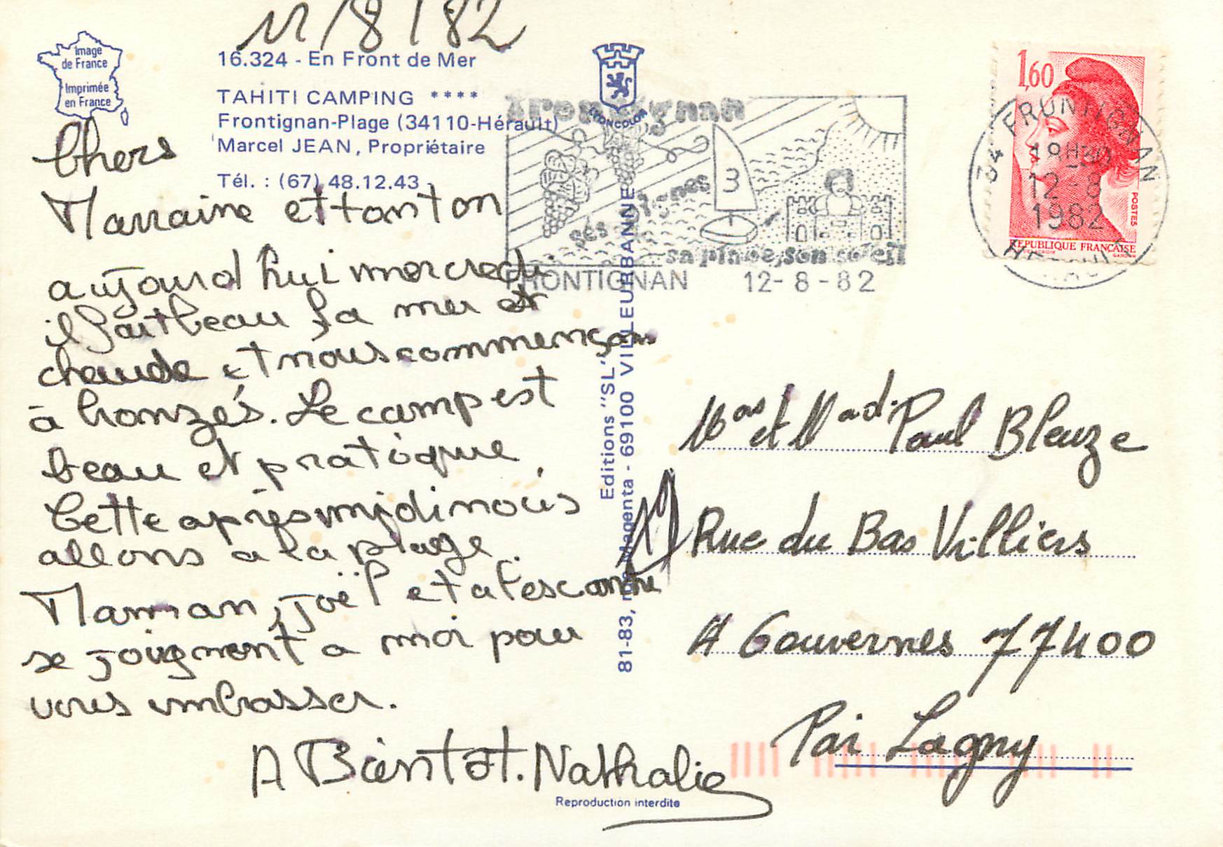 CPM Tahiti Camping  En Front de Mer Frontignan Plage Marcel Jean Proprietaire — Back