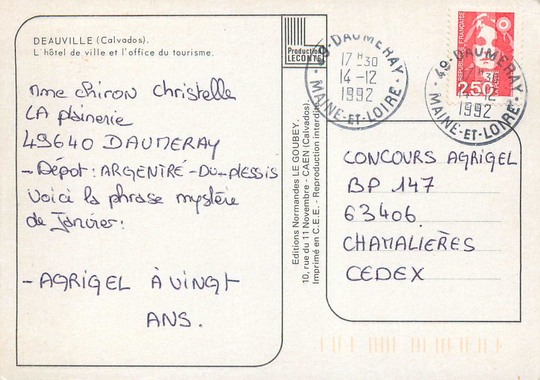 Hôtel de ville de Deauville — Calvados — Éditeur Emy — Verso