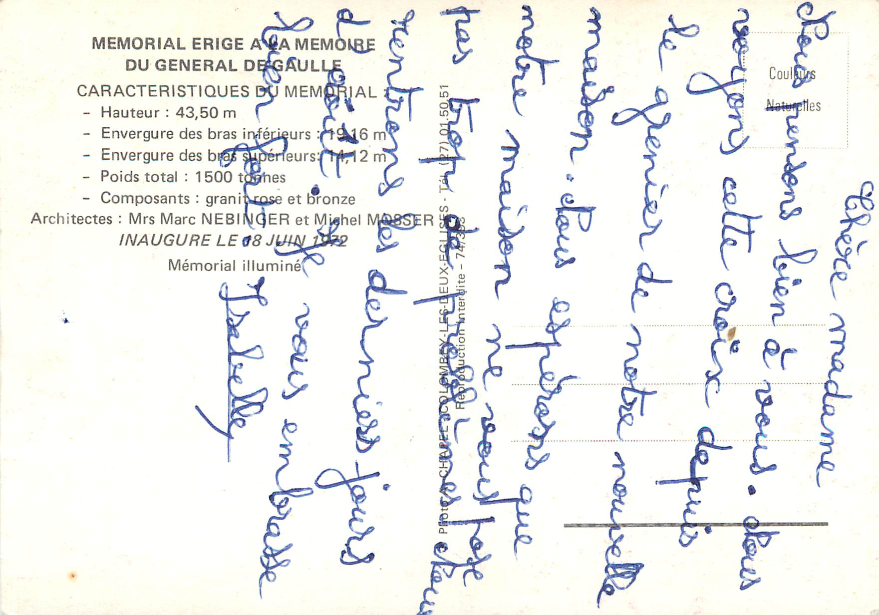 CPM Memorial Erige a la Memoire du General de Gaulle — Rückseite