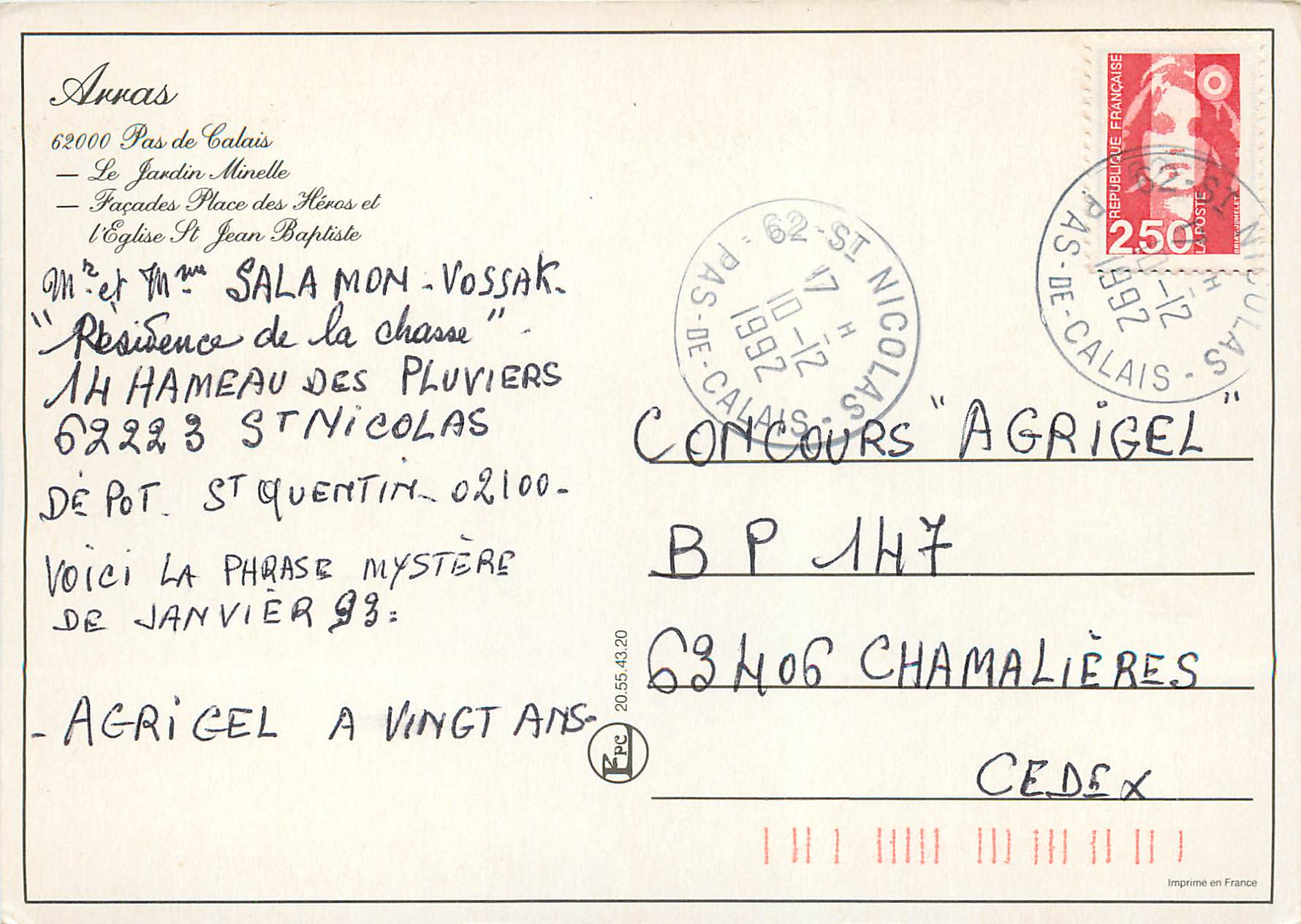 CPM Arras Pas de Calais le Jardin Minelle — Verso