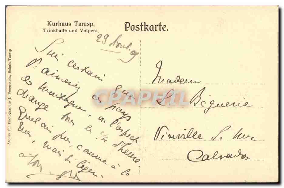 CPA Suisse Kurhaus Tarasp TRinkhalle und Vulpera — Rückseite