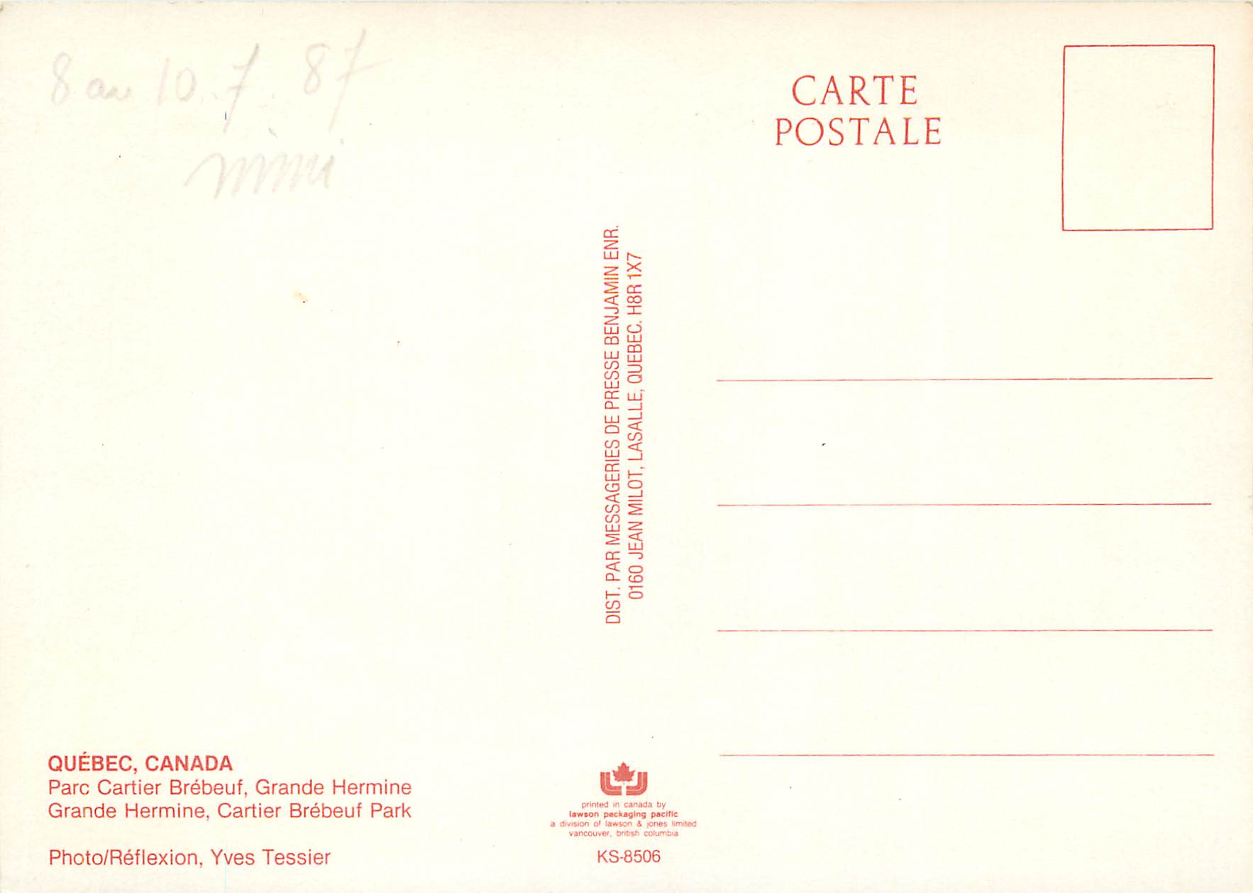 CPM Quebec Canada Parc Cartier Brebeuf Grande Hermine Bateau — Back