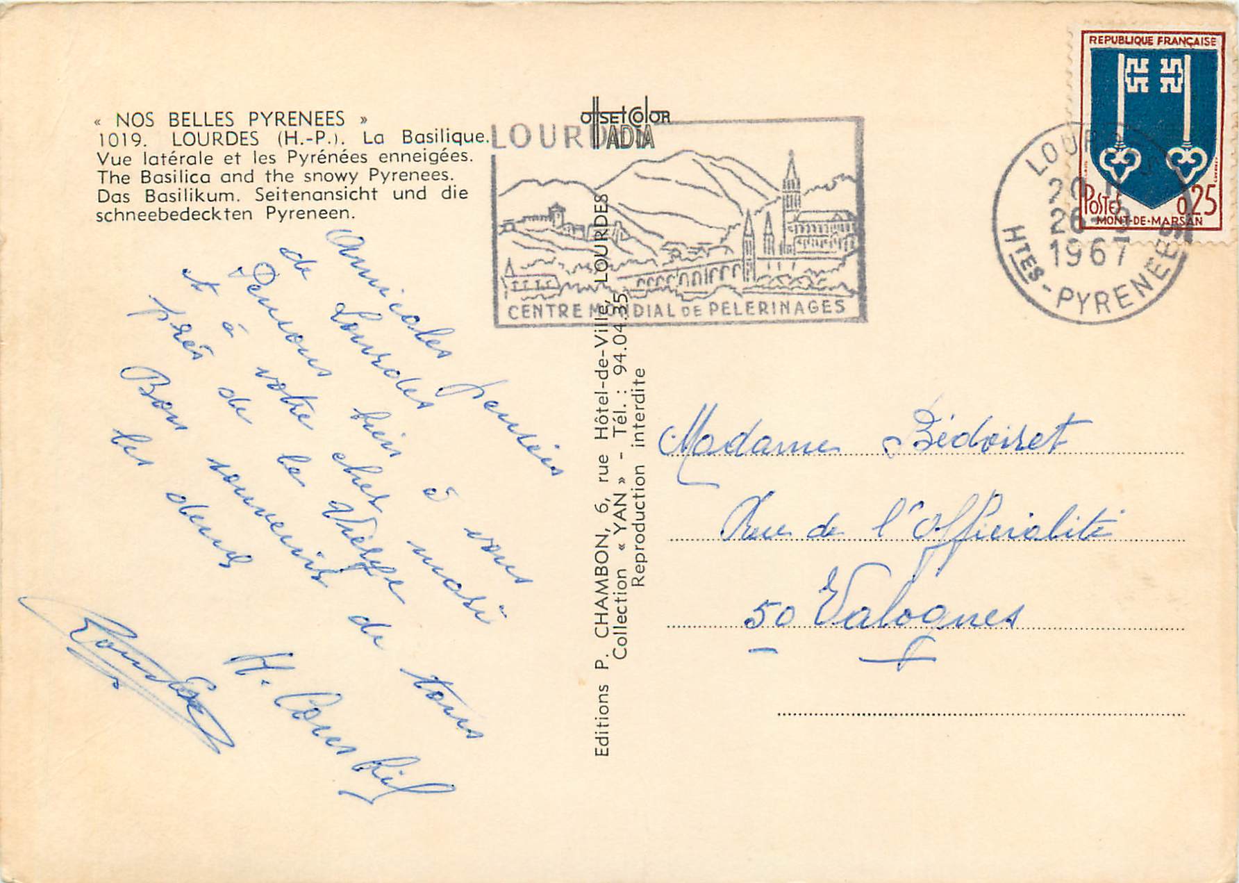 CPM Lourdes HP La Basilique Vues laterale et les Pyrenees enneigees  — Verso