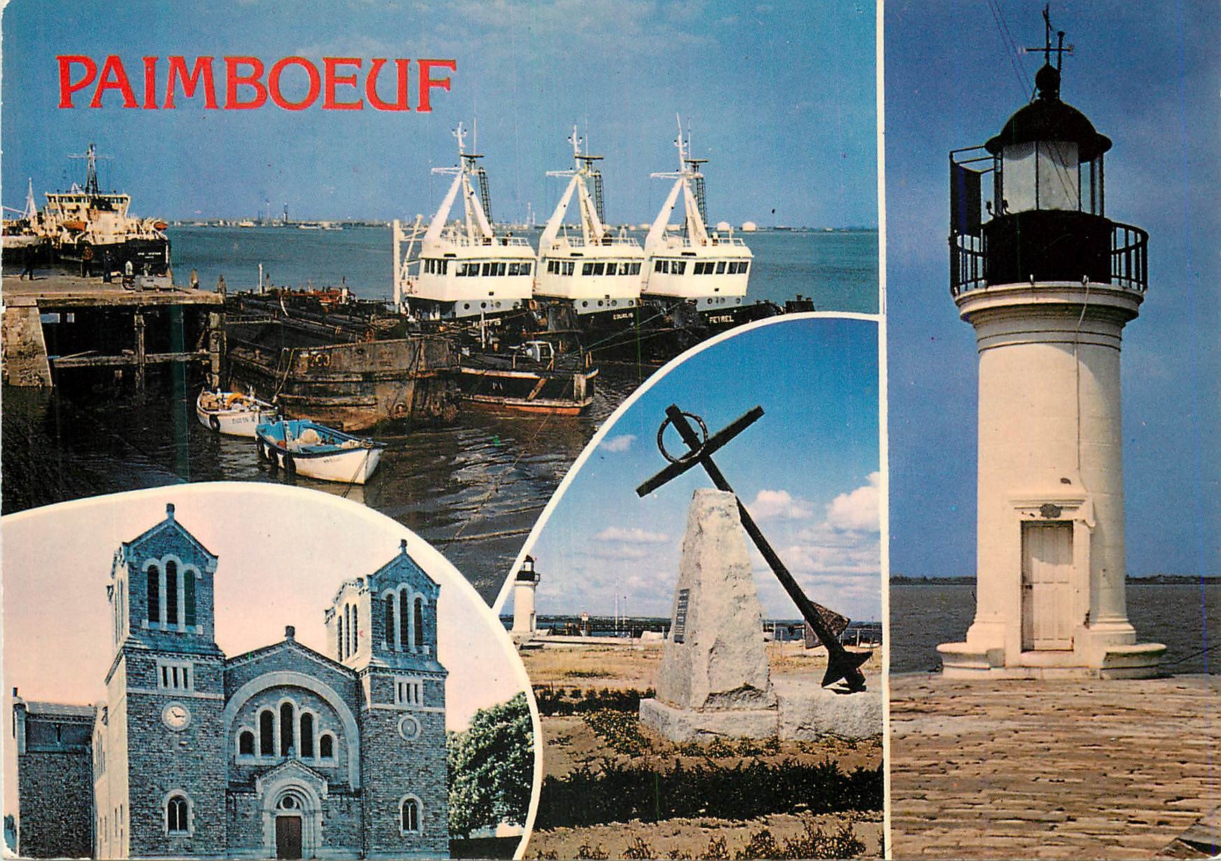 CPM Paimboeuf Loire Atlantique Vue superieure le port Vue inferieure gauche l eglise Saint Louis Phare Bateaux