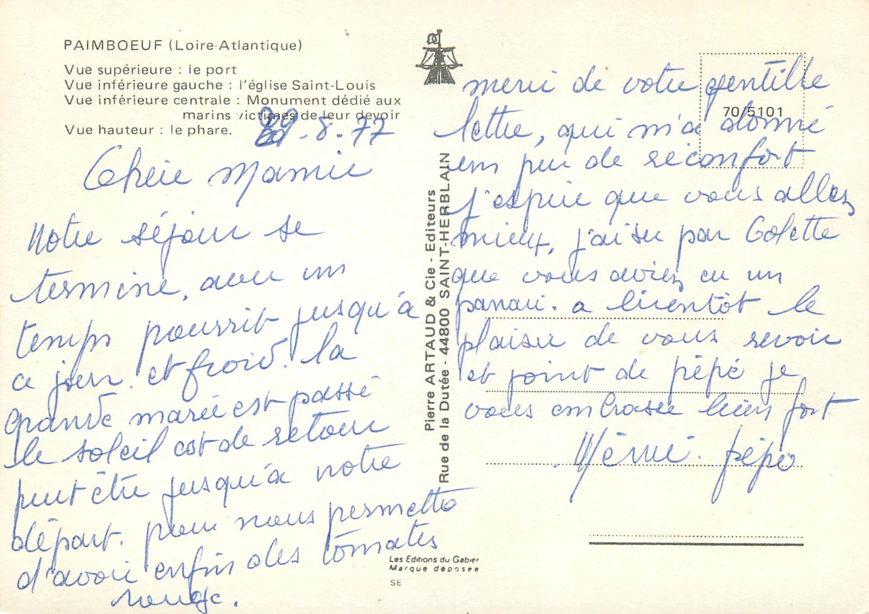 CPM Paimboeuf Loire Atlantique Vue superieure le port Vue inferieure gauche l eglise Saint Louis Phare Bateaux — Back