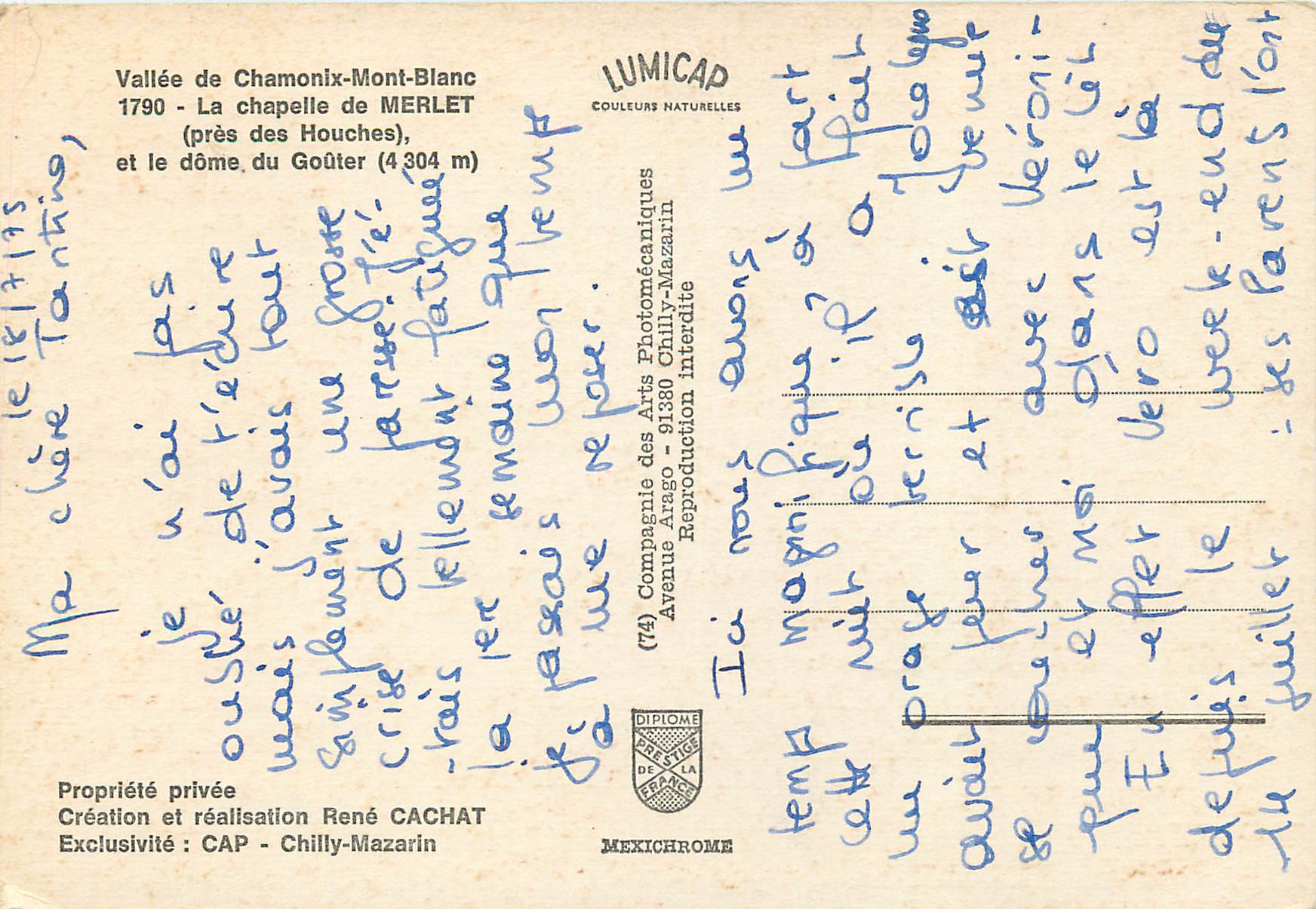 CPM Vallee de Chamonix Mont Blanc La chapelle de Merlet  — Verso